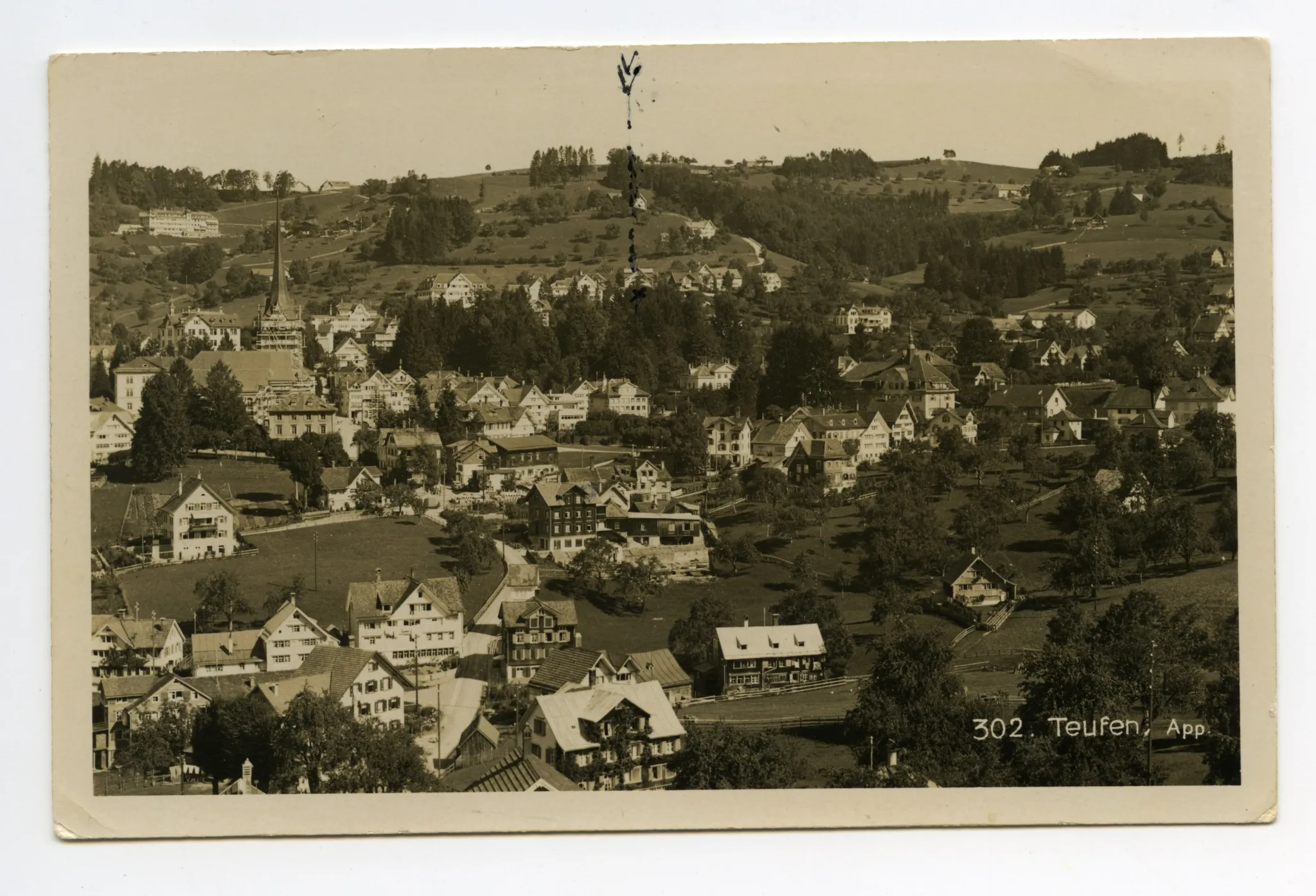 vorne Bächli, mit Bahnhof, Krankenhaus, Grubenmannkirche (eingerüstet!), Blick zu Bad Sonder, Schäflisegg