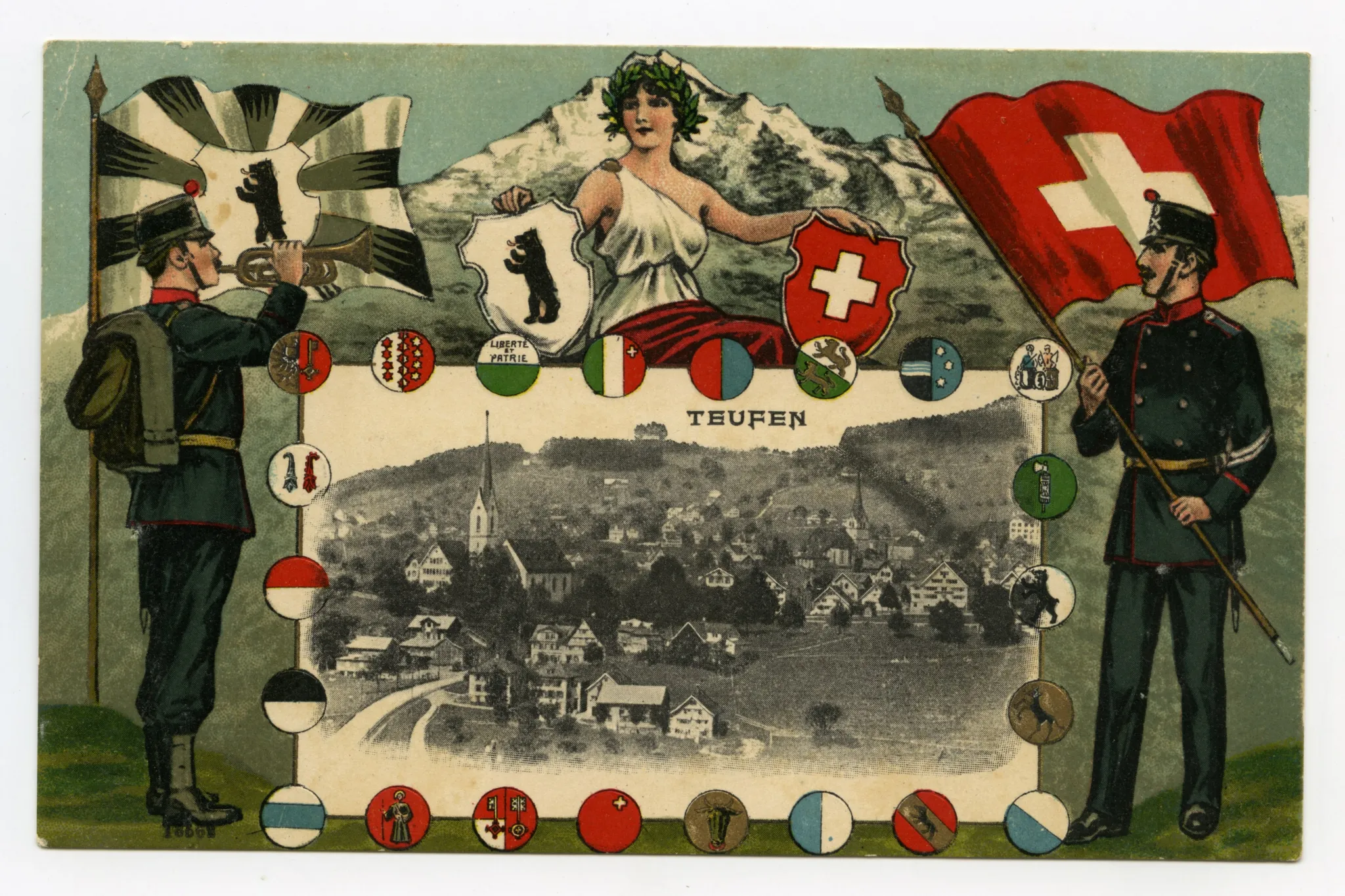 mit beiden Dorfkirchen. Im Vordergrund Sammelbüel. Blick zu Schwendibüel, Fernblick. Umrahmt von gemalter Szene mit zwei Soldaten mit Banner Appenzell resp. Schweiz, Helvetia vor Schneeberg mit Lorbeerkranz und beiden Wappen in den Händen. Kleines Foto (Teufen) umrahmt von 22 Kantonswappen (Graubünden re.oben – sic!)