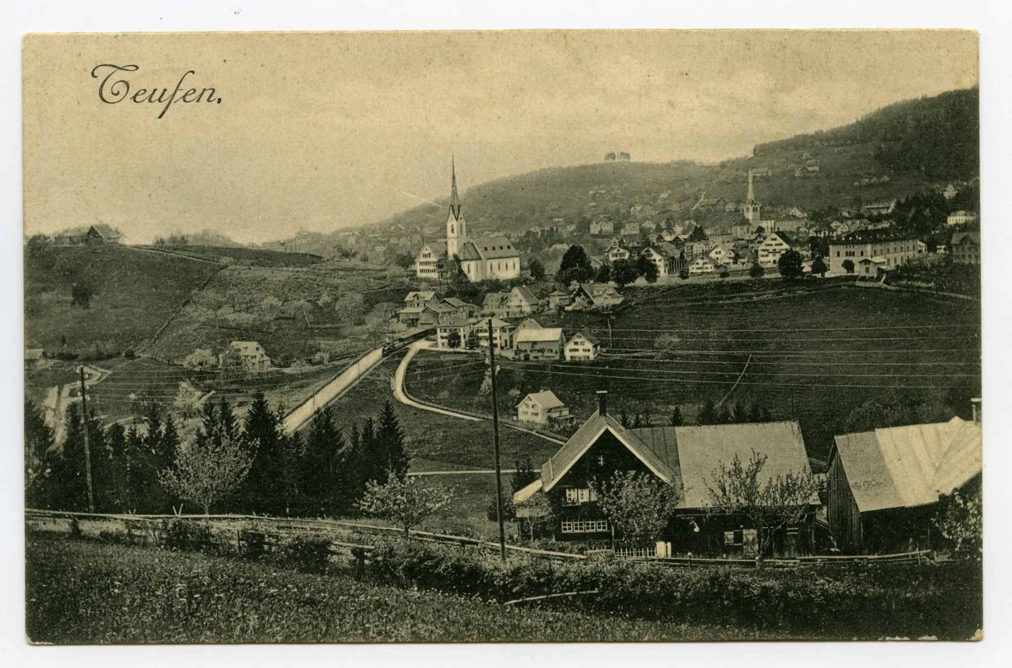von Schlatterlehn (Bruggtobel?) aus, mit Sammelbüel, Komposition SGA (Dampf), alte Kath. Kirche, Zeughaus, Dorfzentrum bis Eggli, Blick zu Fernblick, Schwendibüel (vgl. Hc.16-07)