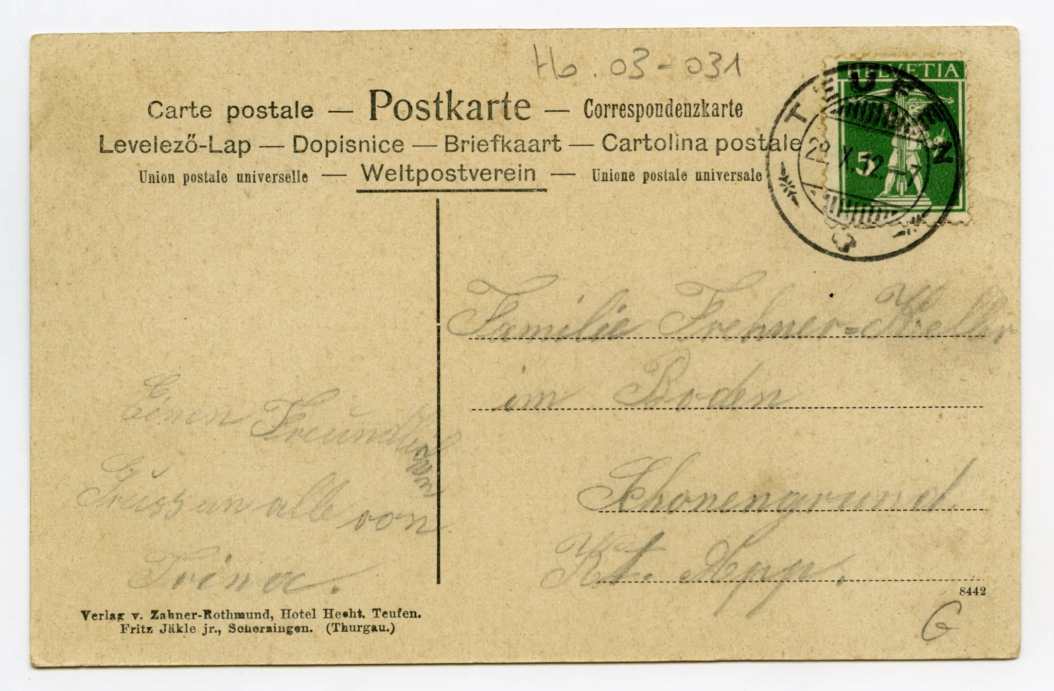 von Schlatterlehn (Bruggtobel?) aus, mit Sammelbüel, Komposition SGA (Dampf), alte Kath. Kirche, Zeughaus, Dorfzentrum bis Eggli, Blick zu Fernblick, Schwendibüel (vgl. Hc.16-07)