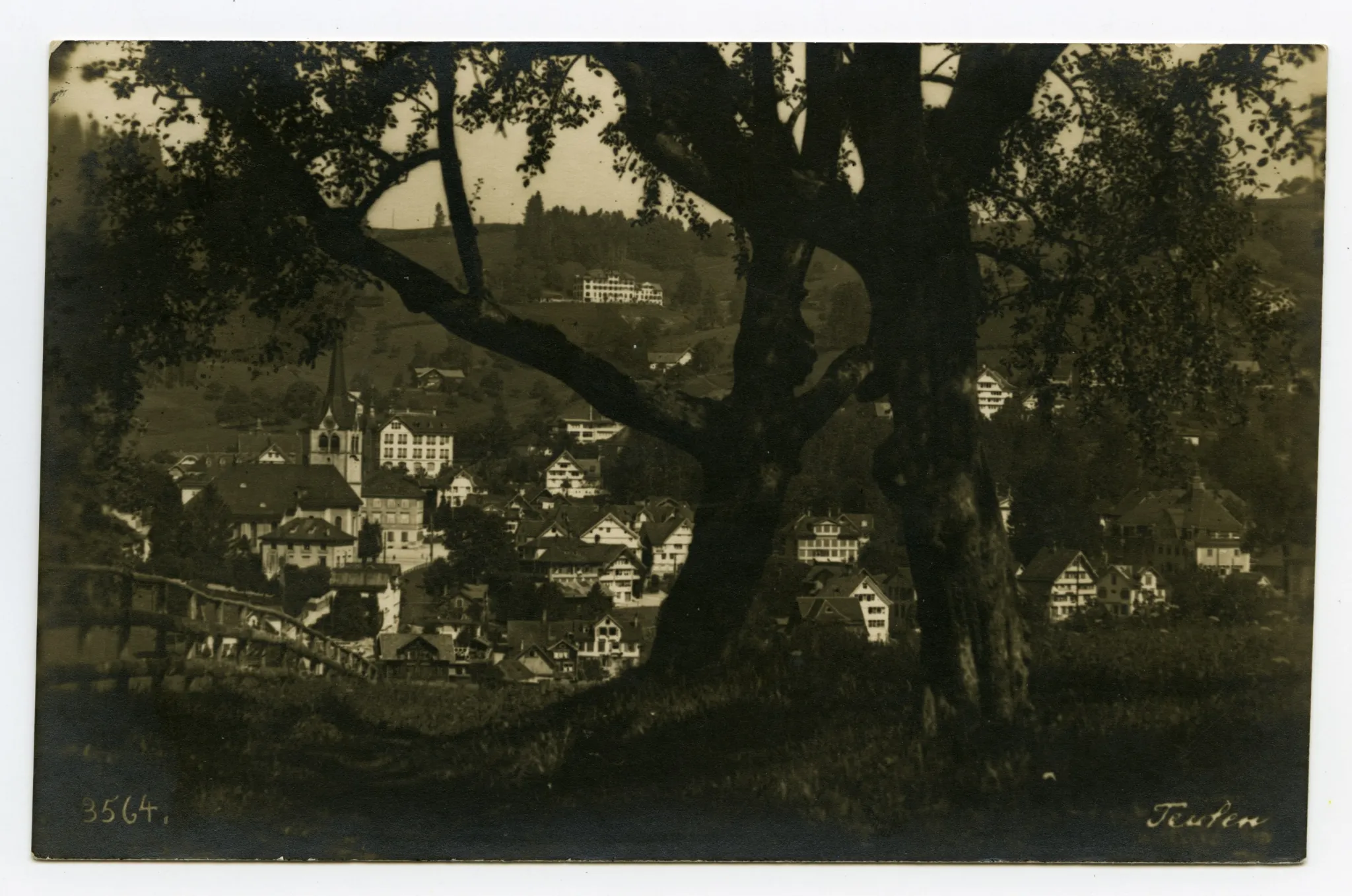 mit Grubenmannkirche und Bad Sonder, durch (Obst-?)Bäume fotografiert