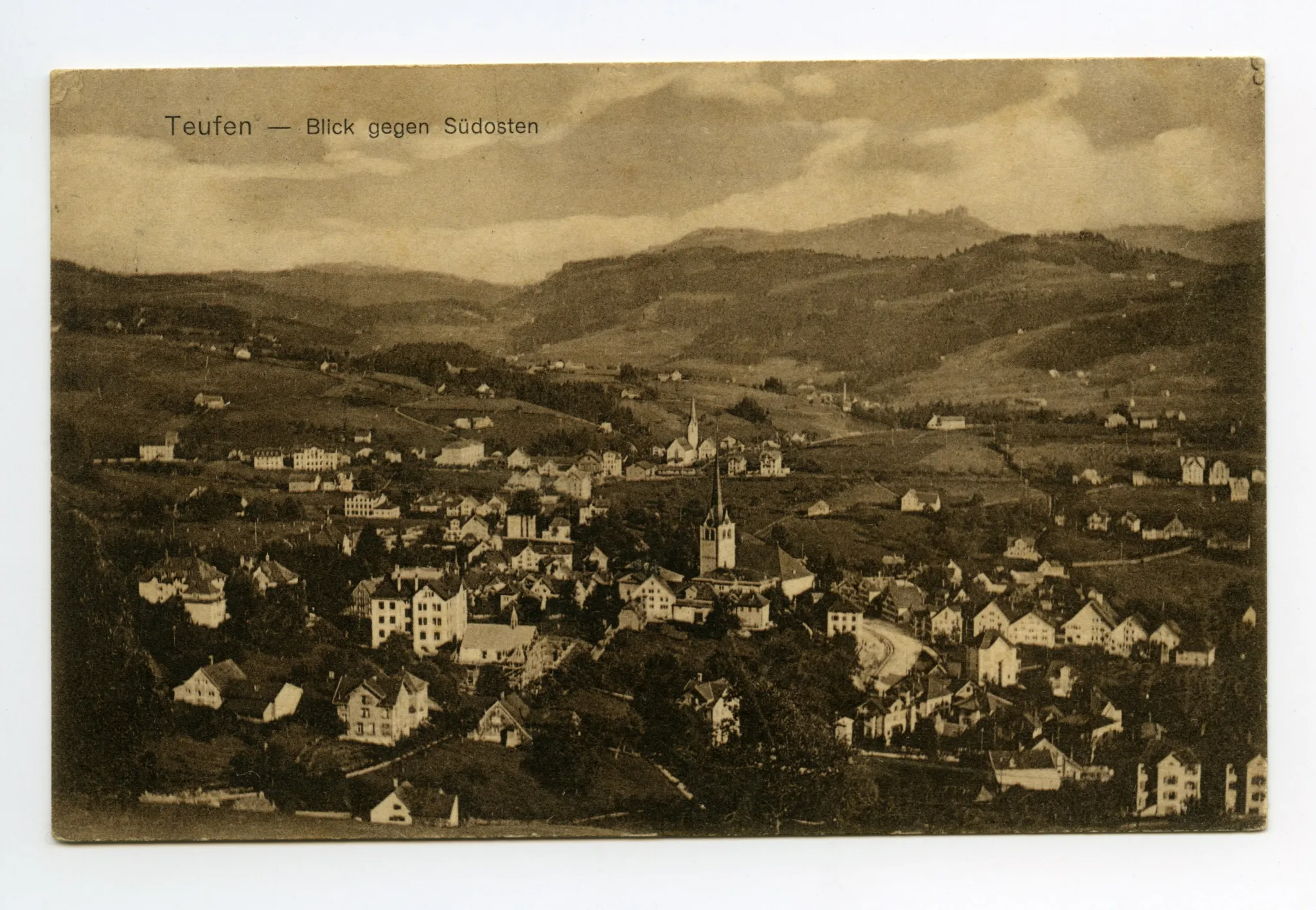 beide Dorfkirchen, (Bahngeleise Dorfplatz verschoben!), Blick zu Steigbach, Fänern, Kamor, Hohem Kasten