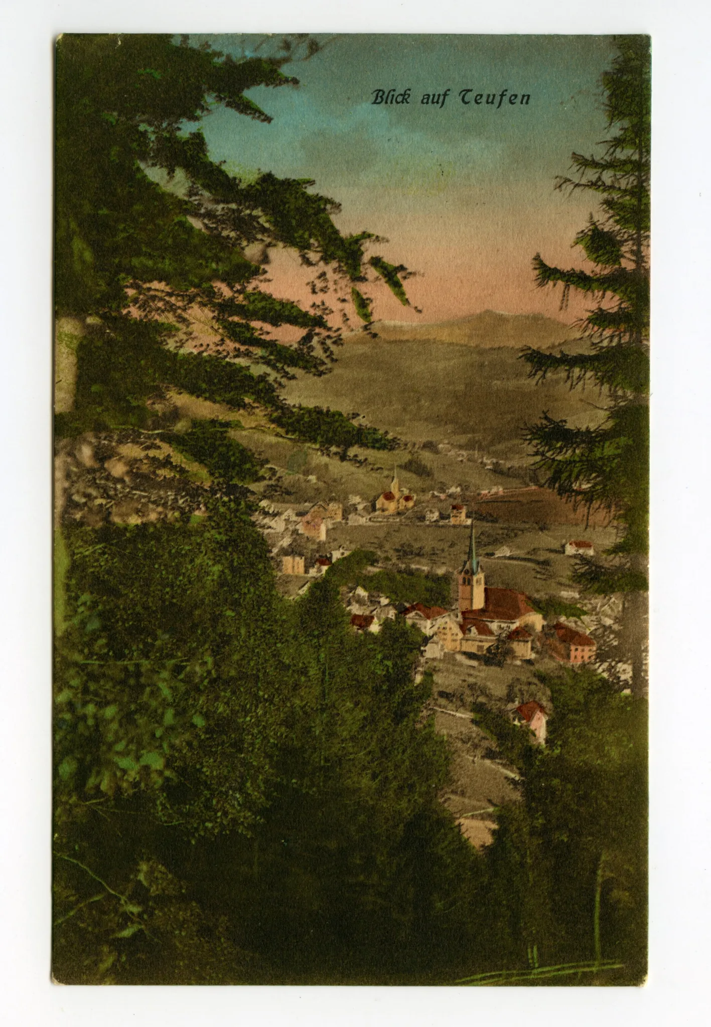 durch zwei Tannen gesehen, beide Dorfkirchen, Blick zu Steigbach südostwärts (vgl. Hc.17-07)