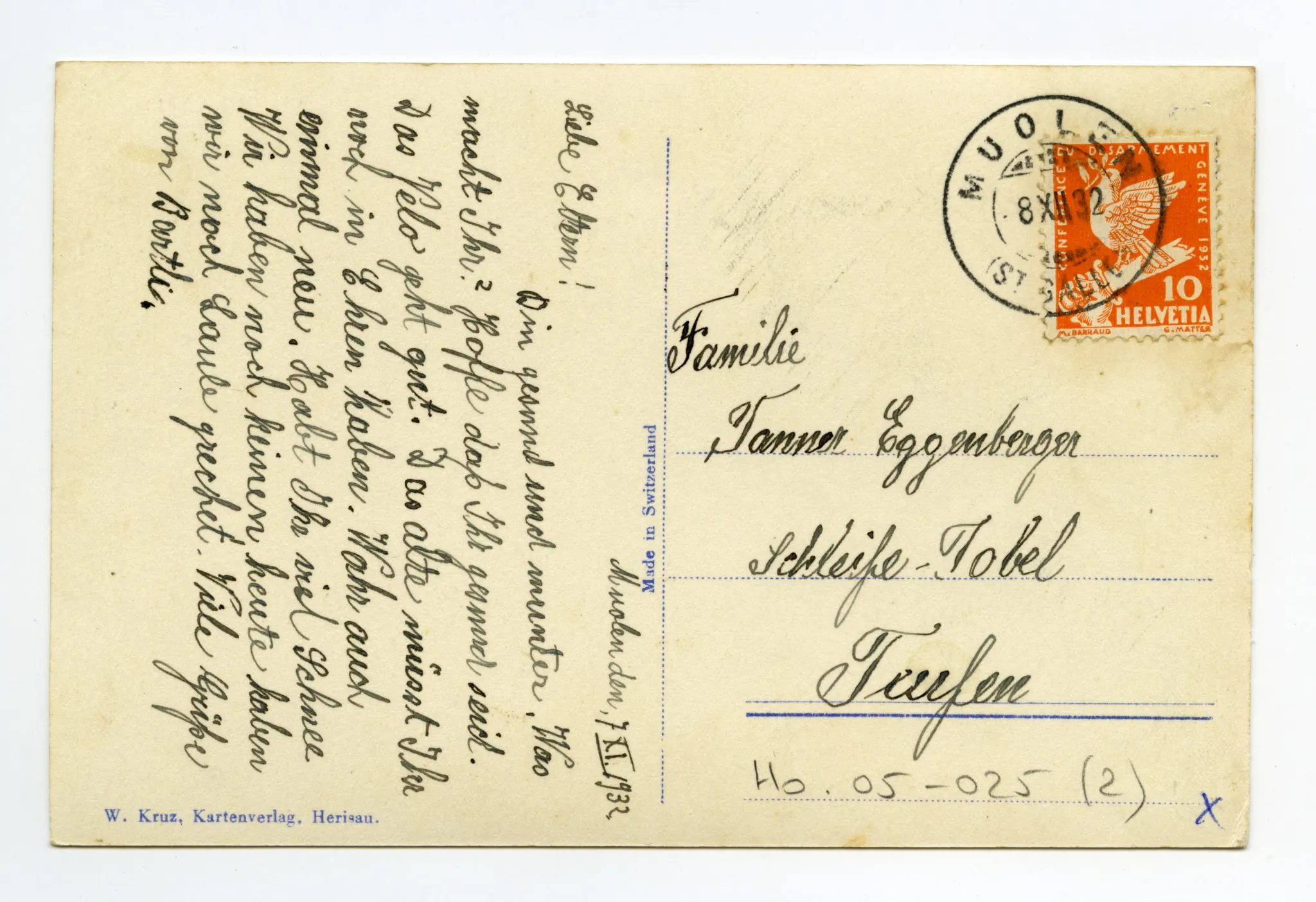Beide Dorfkirchen, blühende Obstbäume (sic!), Blick zum Steigbach; Karte 1: Blick zu Kamor/Hohem Kasten – korrekte Ansicht (vgl. Hc.18-10); Karte 2: Säntiskette im Winter (sic!) – Säntis manipuliert!