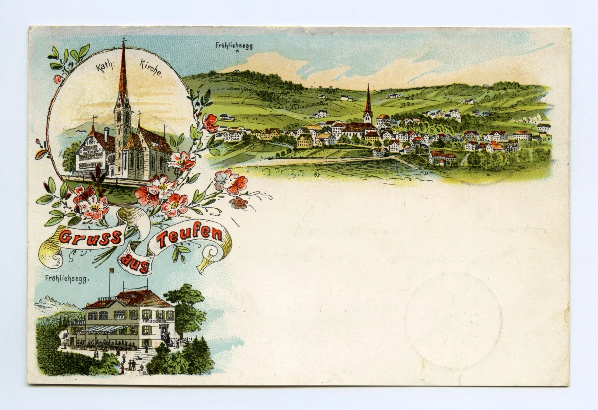 (von Blumenranken umrahmt), von links oben im Uhrzeigersinn: Alte Kath. Kirche (von Blumenranken umrahmt); Dorfansicht von Süden; Gasthaus Frölichsegg