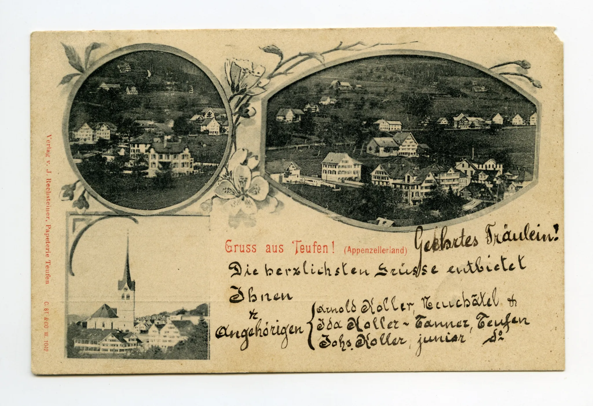 Von links oben im Uhrzeigersinn: Dorfszene (Ausschnitt Ebni?);  Ebni mit Weberei, Lortanne (?);  Dorfmitte von Osten mit Grubenmannkirche und Hecht