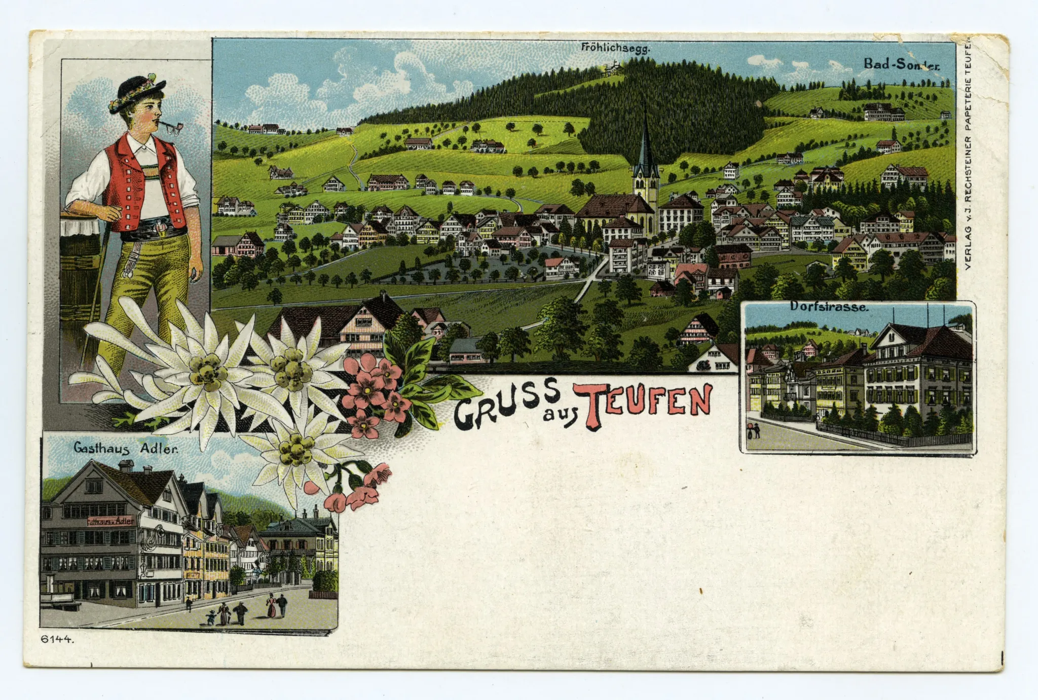 Von links oben im Uhrzeigersinn: Dorfzentrum von Südosten; Dorfstrasse; Gasthaus Adler; dazu Appenzeller Senn (Gäälhösler), mit Brente, Edelweiss u.a. Blumen (vgl. Hc.13-05)