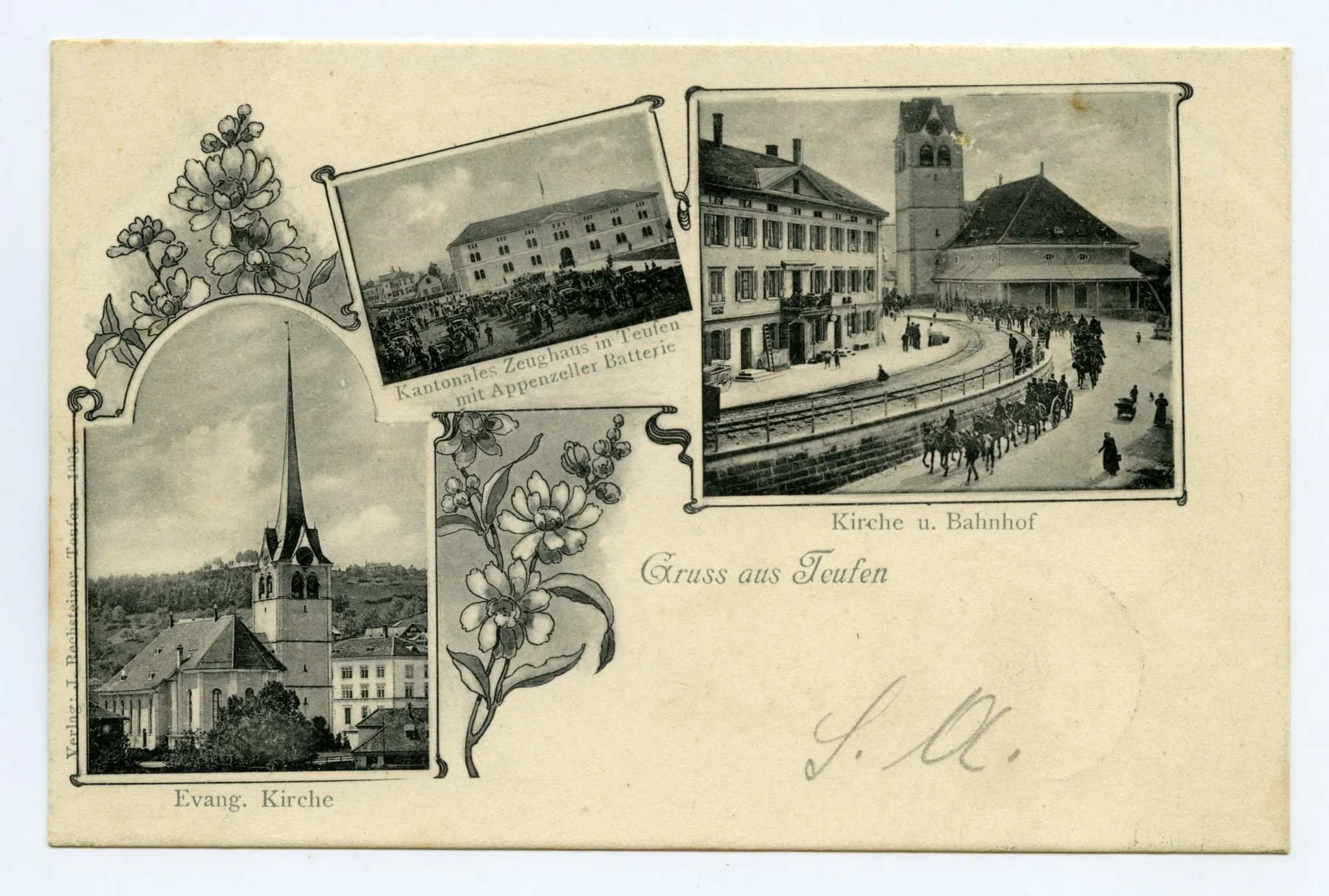 Von links oben im Uhrzeigersinn: Zeughaus mit Militär; Dorfplatz von Westen, mit altem Bahnhof, Grubenmannkirche, Militär; Evang. Dorfkirche, von Osten, Blumenranken