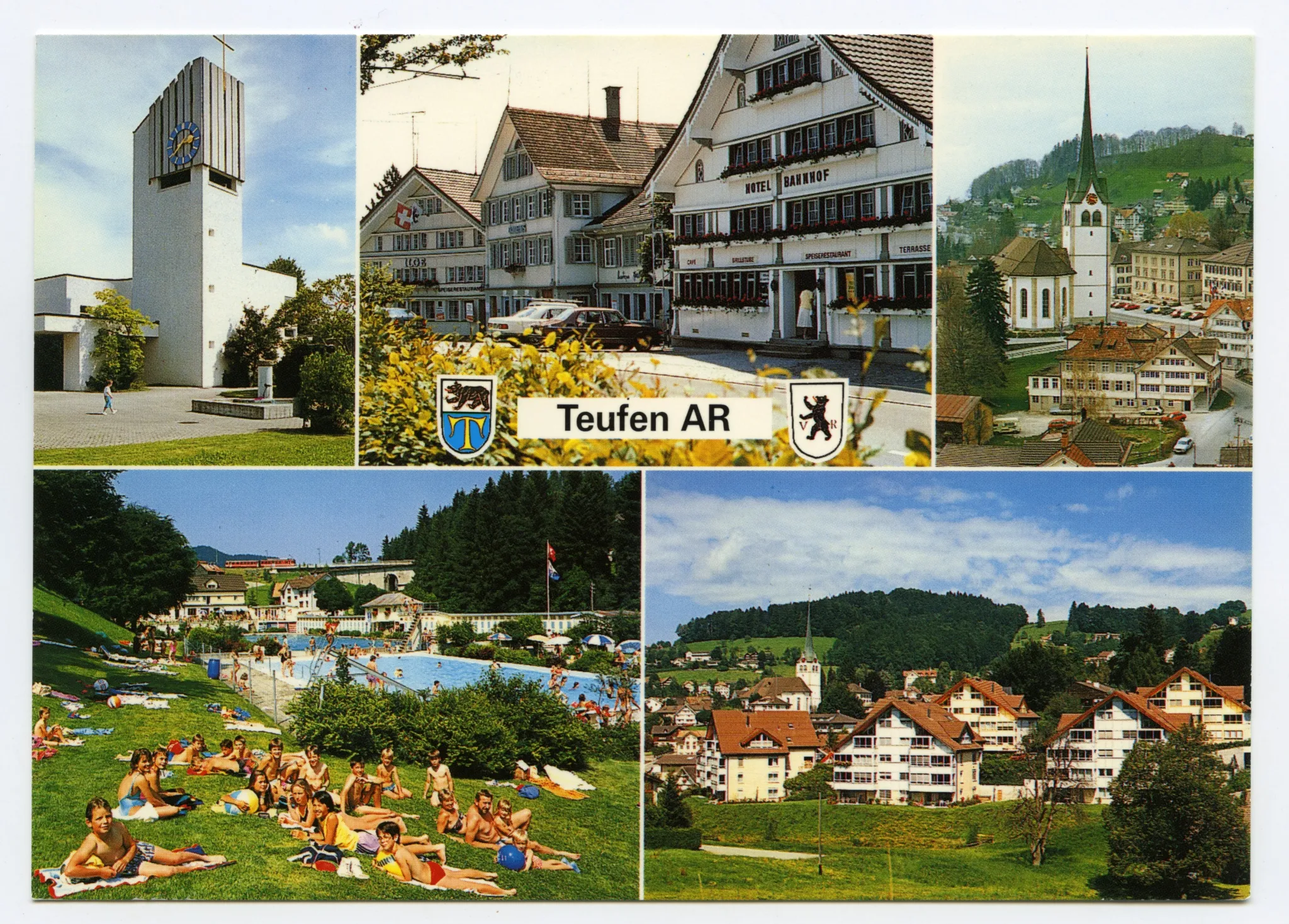 Von links oben im Uhrzeigersinn: Kath. Kirche Stofel; Ausschnitt Dorfplatz (Hotel Bahnhof, Brillenhaus, Ilge); Dorfzentrum von Ost-Südosten: Grubenmannkirche, echt; Grünauquartier mit Dorfkirche; Schwimmbad mit Neubrücke und SGA/AB-Komposition