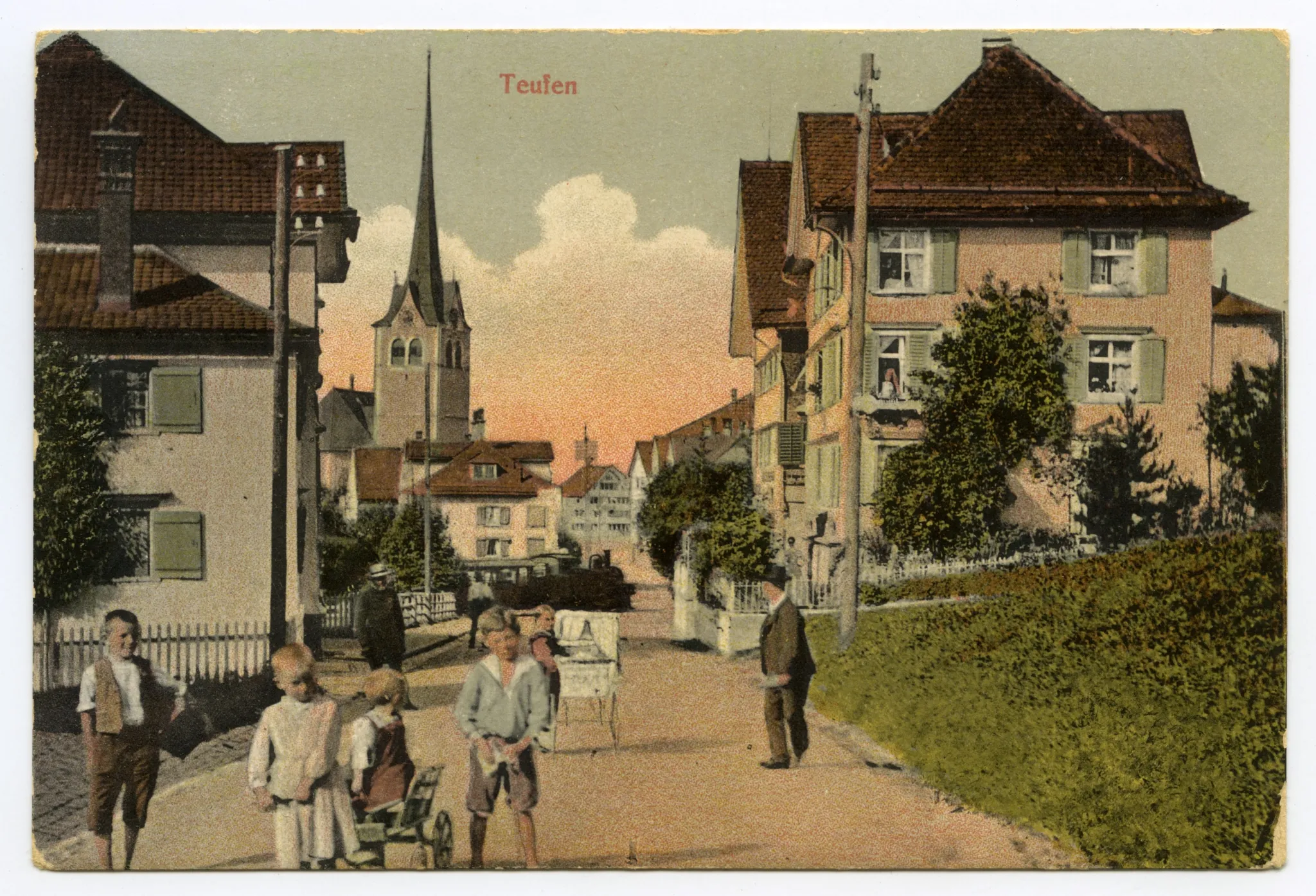 mit Grubenmannkirche und Dampfzug-Komposition Richtung St. Gallen, Kinder mit Leiter- und „Scheese“-Wagen und Männer auf der Strasse