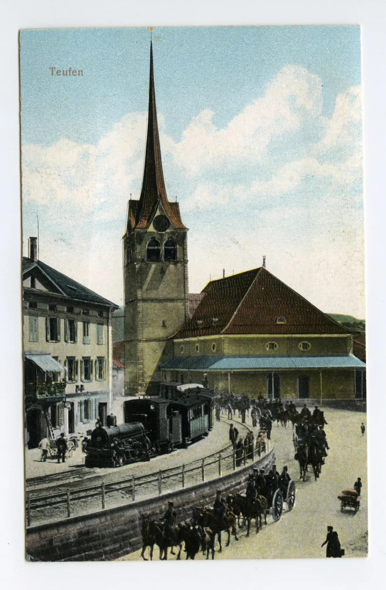 mit Grubenmannkirche, Altem Bahnhof mit Dampfzug-Komposition Richtung St. Gallen, Artilleriebatterie auf Strasse, Volk (vgl. Hc.07.07) (grosse Ähnlichkeiten mit Mehrbildkarte Ho.06-016)