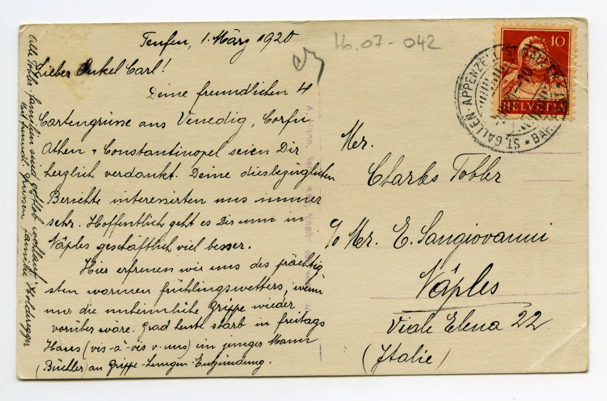 Hechtstrasse, Pärkli beim „Hecht“, Kornhändlerhaus, Grubenmannkirche (vgl. Hc.20-17)