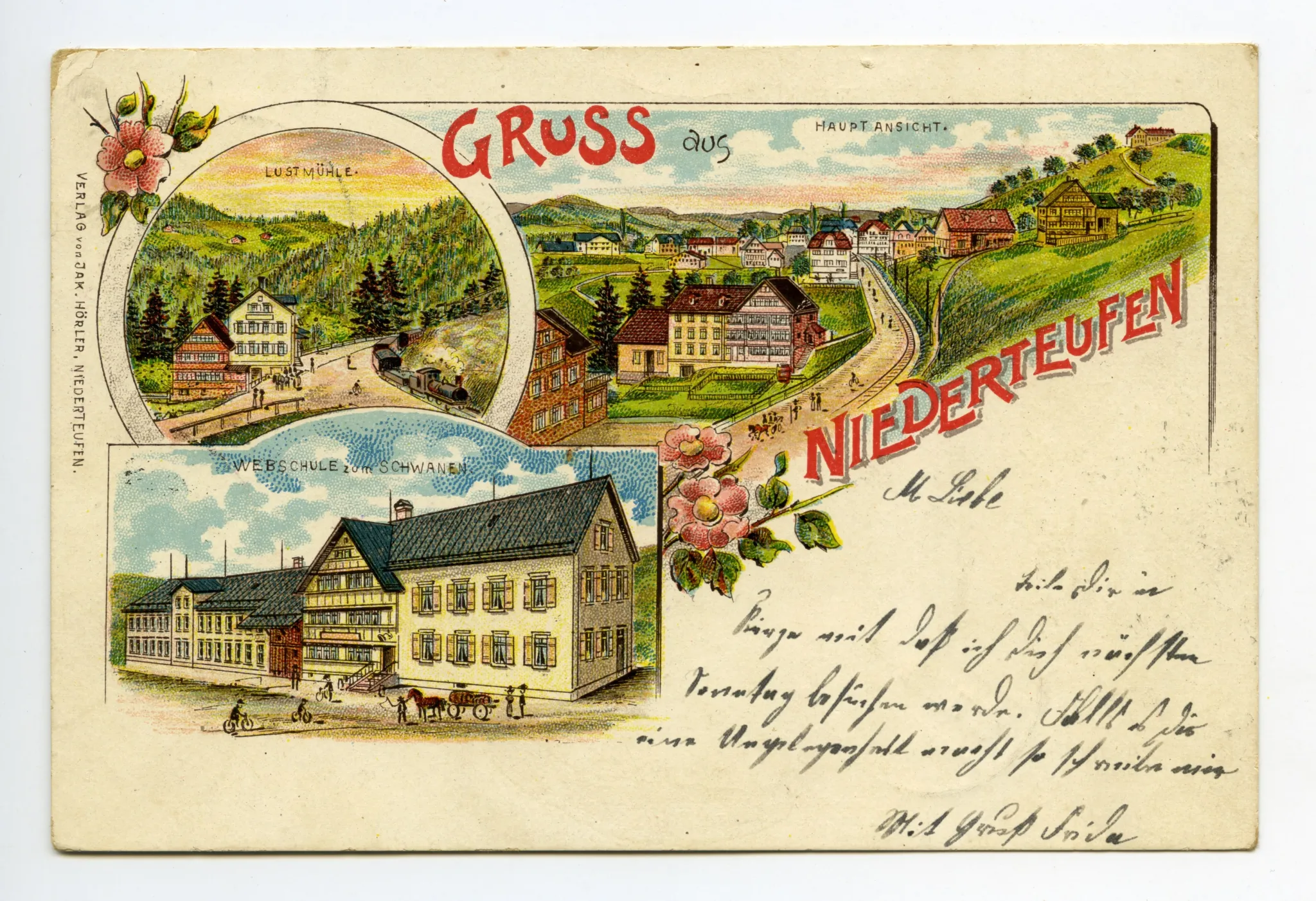 Mehrbildkarte, Niederteufen-Haag (Hauptbild), Lustmühle, Webschule Schwanen. Mit Blumen(-ranken) verziert (vgl. Hc.13-09)