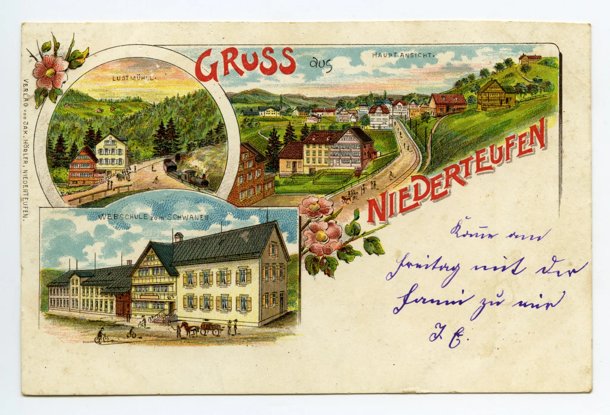 Mehrbildkarte, Niederteufen-Haag (Hauptbild), Lustmühle, Webschule Schwanen. Mit Blumen(-ranken) verziert (vgl. Hc.13-09)