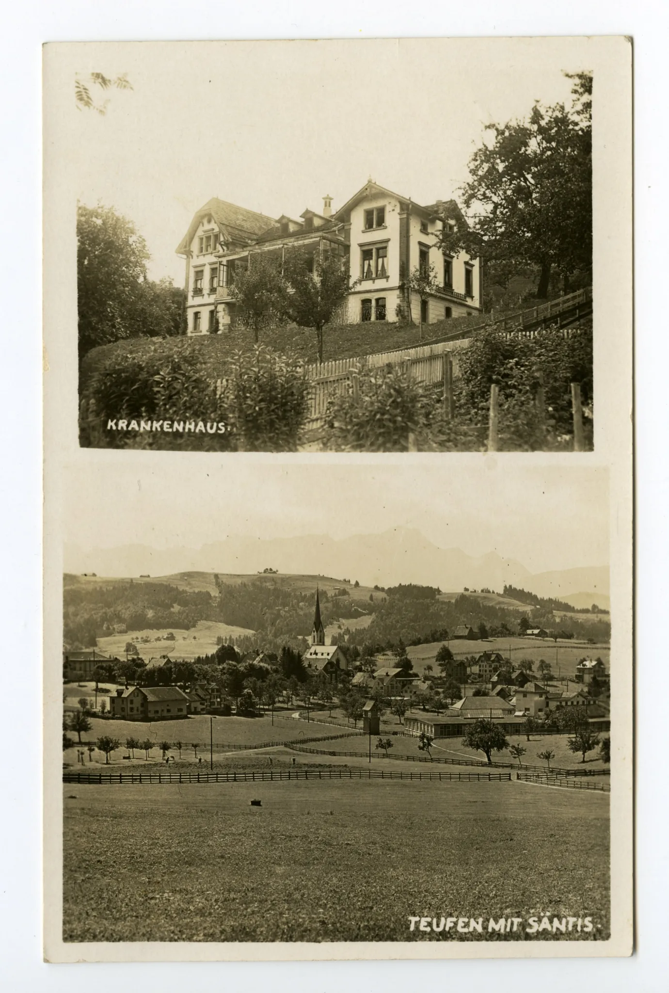zweigeteilte Karten, Karte 1: oben mit Krankenhaus, Ansicht von Südosten – unten mit Teufen, Ansicht von Nordosten; Karte 2: oben mit Krankenhaus, Ansicht von Südosten – unten mit Alpsteinkette, Ansicht von Norden; Karte 3: oben mit Krankenhaus, Ansicht von Südosten – unten mit Teufen, Bad Sonder und Schäflisegg, Ansicht von Südosten
