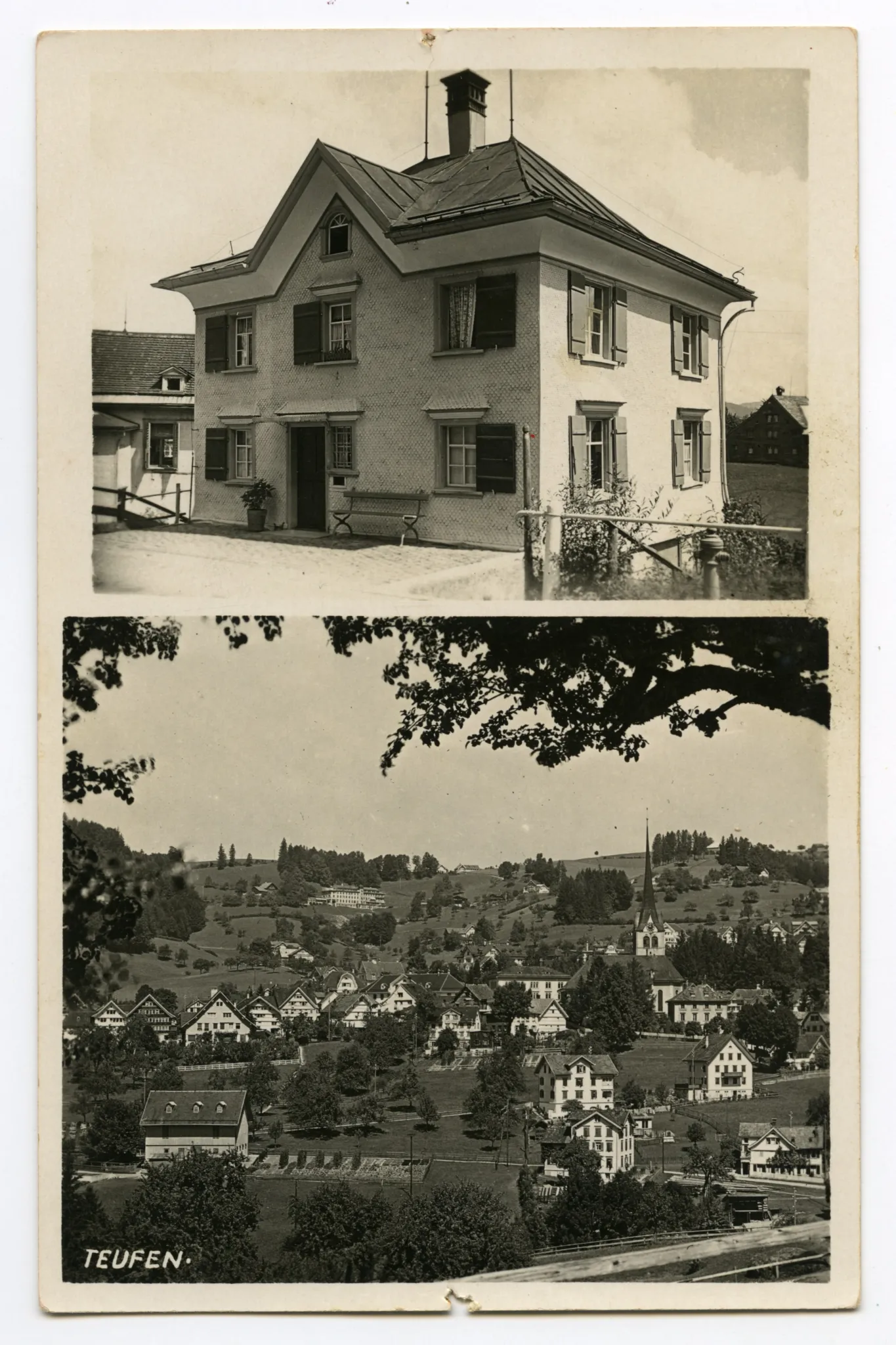 (früher Trinkschenke zum Landhaus), Doppelbildkarte, oben: Ansicht Wohnhaus, unten: Ansicht von Teufen aus Süden mit evang. Kirche mit Blick Richtung Bad Sonder und Eggen