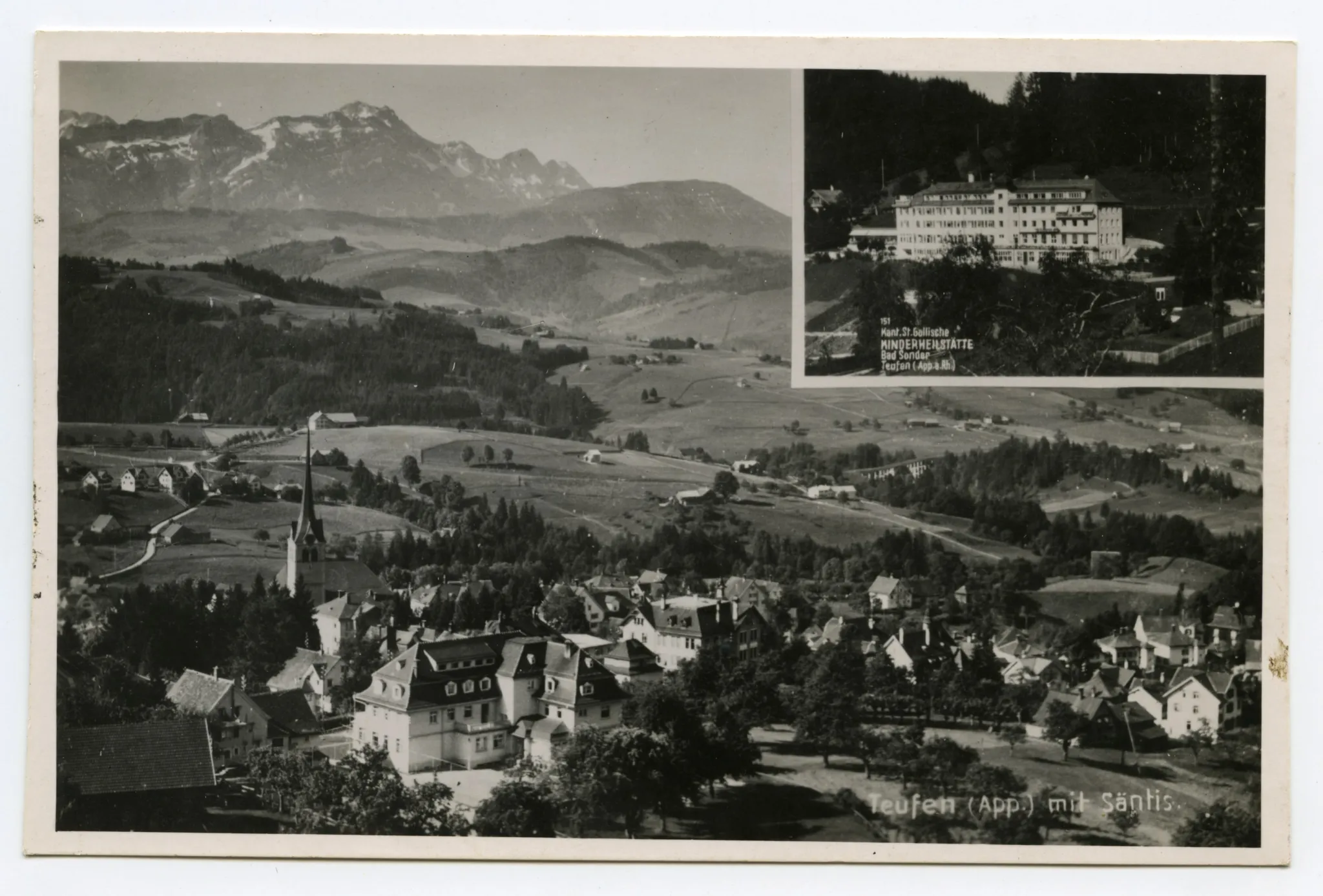 Mehrbildpostkarte, kleines Bild: Gesamtansicht Bad Sonder; grosses Bild / Hauptbild: Ansicht von Teufen aus Norden von Bad Sonder aus gesehen, mit ehemaligem Töchterinstitut Buser, Alpstein und Säntis im Hintergrund