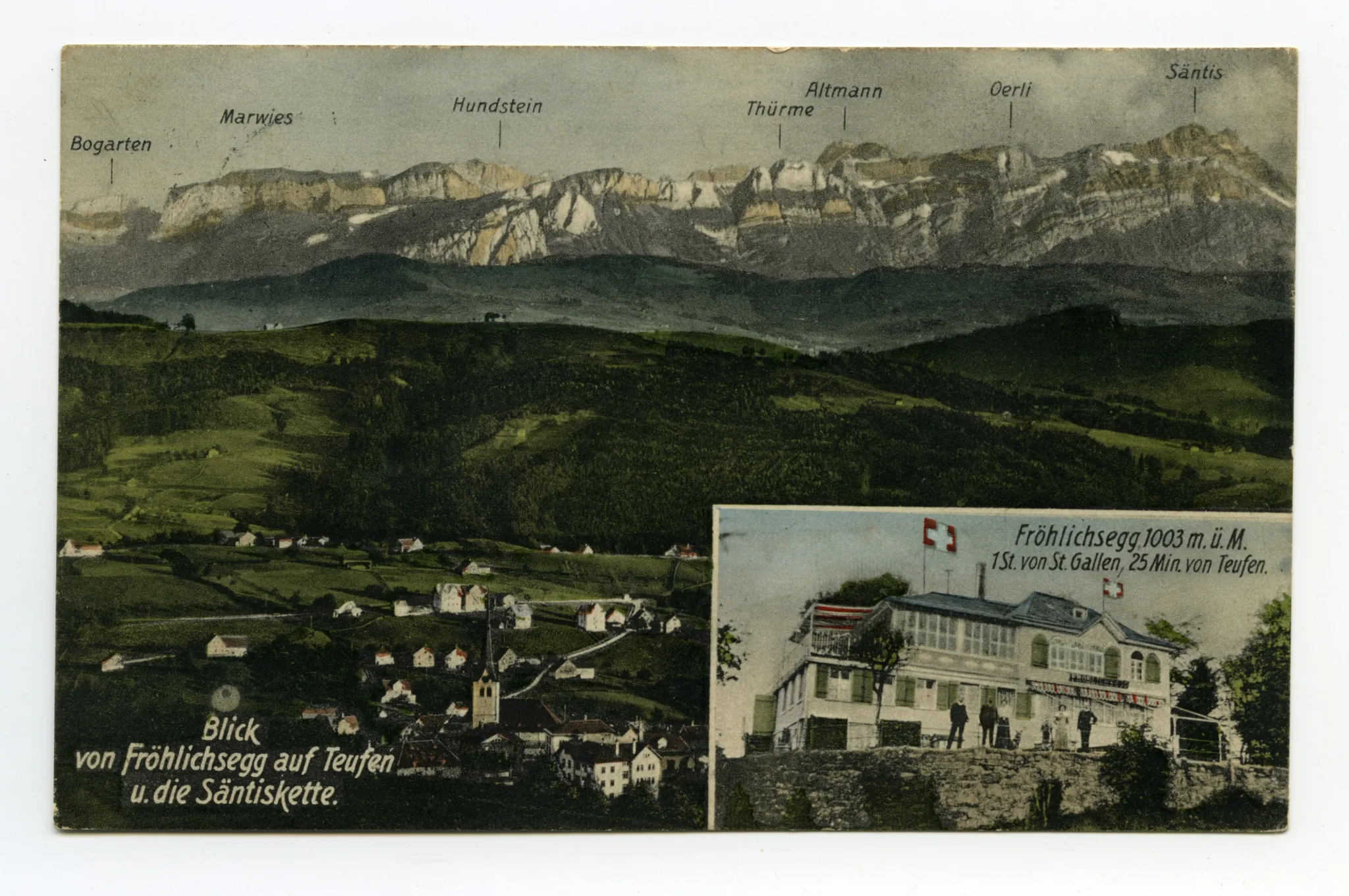 zwei Ansichten: klein: Restaurant von Süden mit Eigentümerfamilie? gross: Panoramablick auf Teufen mit evang. Kirche und beschrifteter Alpsteinkette (vgl. HC.08-27, Motiv identisch, aber Farbgebung anders)