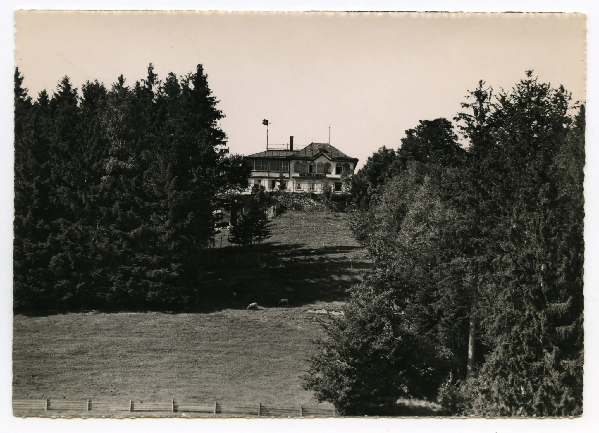 Ansicht von Süden mit Wald und Wiese mit Schafen, kam 1964 in den Besitz der Gemeinde und wurde darauf abgerissen