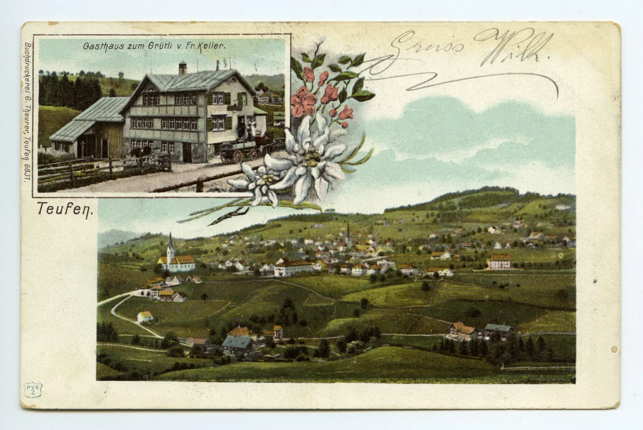 eingegangen 1962; Karte 1: mit Eigentümerfamilie vor dem Haus; Grusskarte, Zweibildkarte; klein: Gesamtansicht mit Fuhrwerk und Personen auf der Treppe; gross: Panoramablick auf Teufen aus Südosten