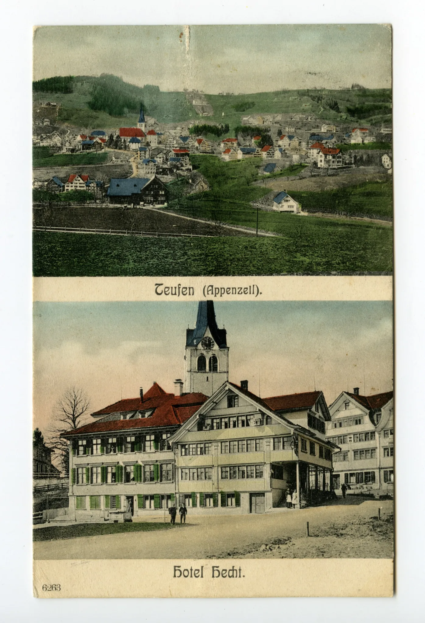 Doppelansicht, oben: Ansicht auf Teufen aus Süden, unten: Ansicht Gasthaus aus Südwesten (vgl. Ho.20-122, gleiche Motive aber s/w)