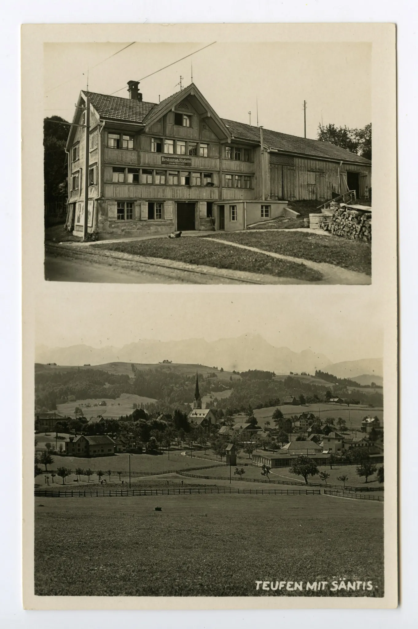 Doppelkarte: oben: Ansicht der Wirtschaft mit Bahnschiene, unten: Ansicht von Teufen aus Norden mit alter kath. Kirche und im Hintergrund Säntis, 2 Exemplare identisch