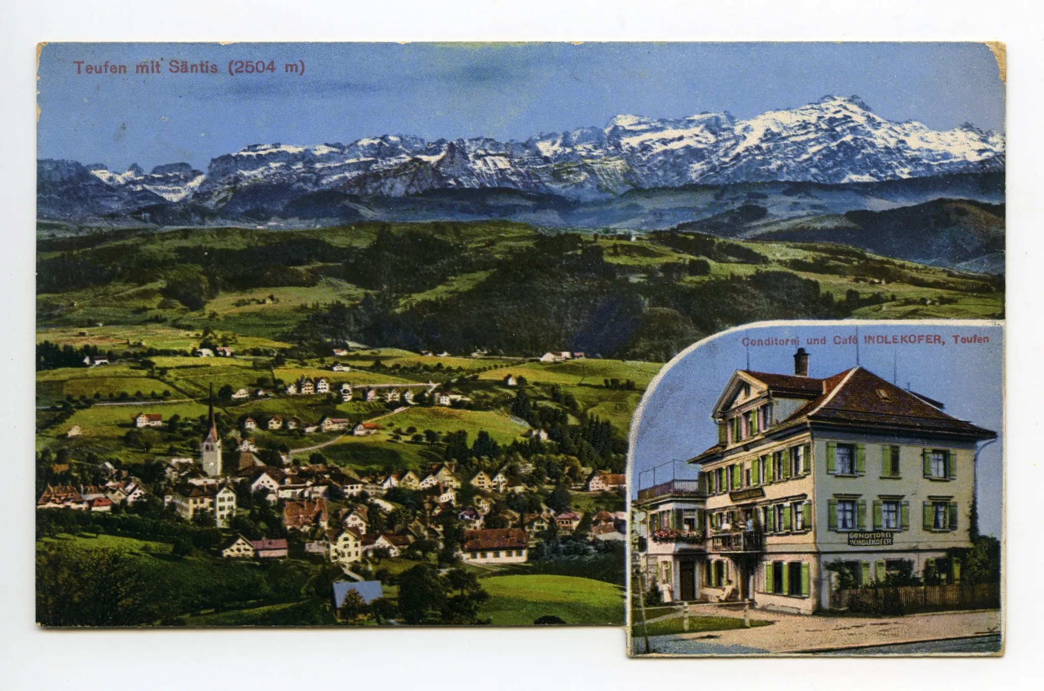 Doppelbildkarte, klein: Ansicht Konditorei, gross:Panoramabild auf Teufen, evang. Kirche und Alpstein, Karte unten leicht abgeschnitte (vgl. Hc.08-55, identisch)