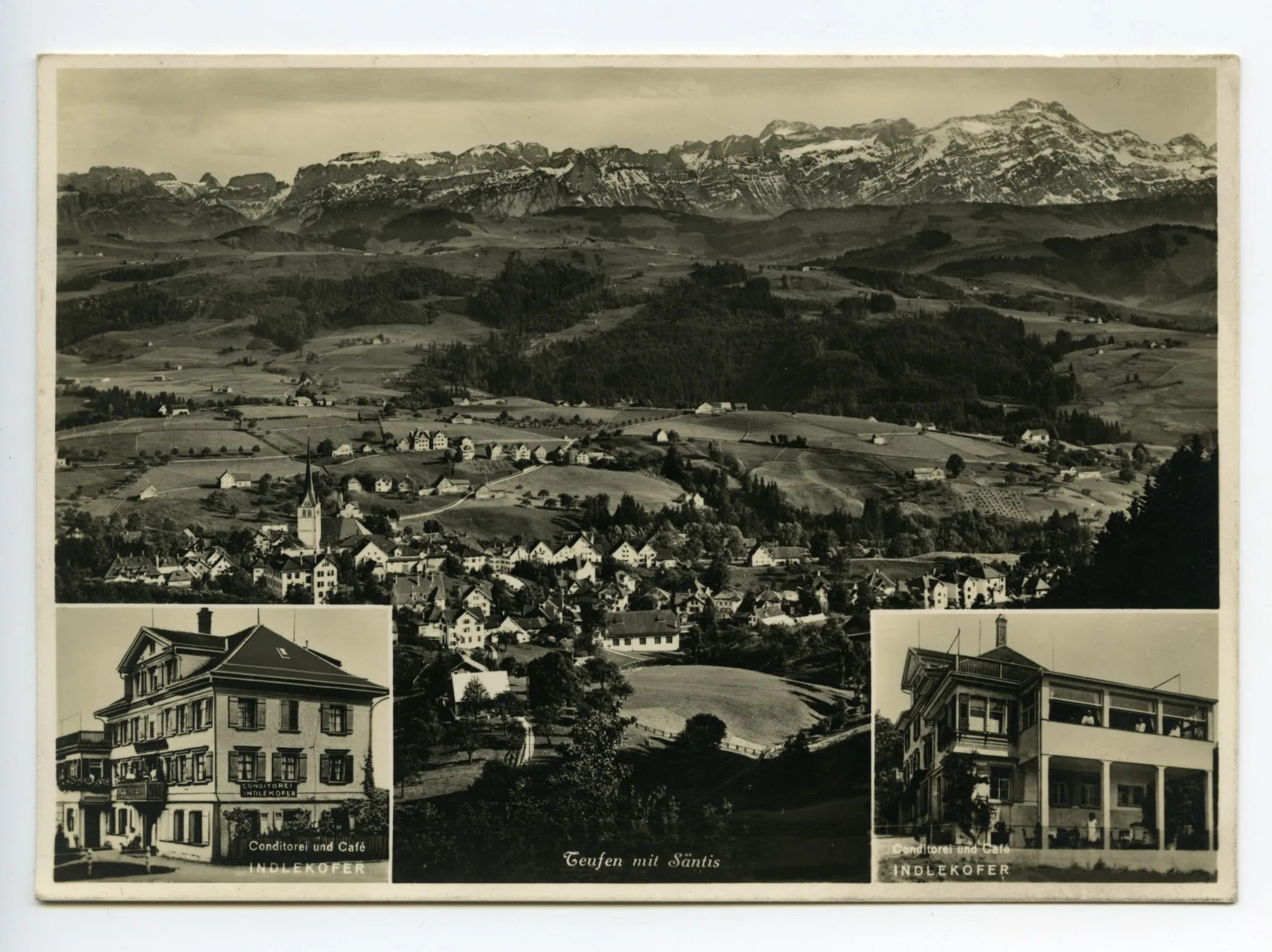 Mehrbildkarte, klein links: Ansicht aus Nordosten, klein rechts: Ansicht aus Süden mit Personen auf dem überdachten Balkon, gross: Panoramablick aus Norden auf Teufen mit evang. Kirche und Alpstein