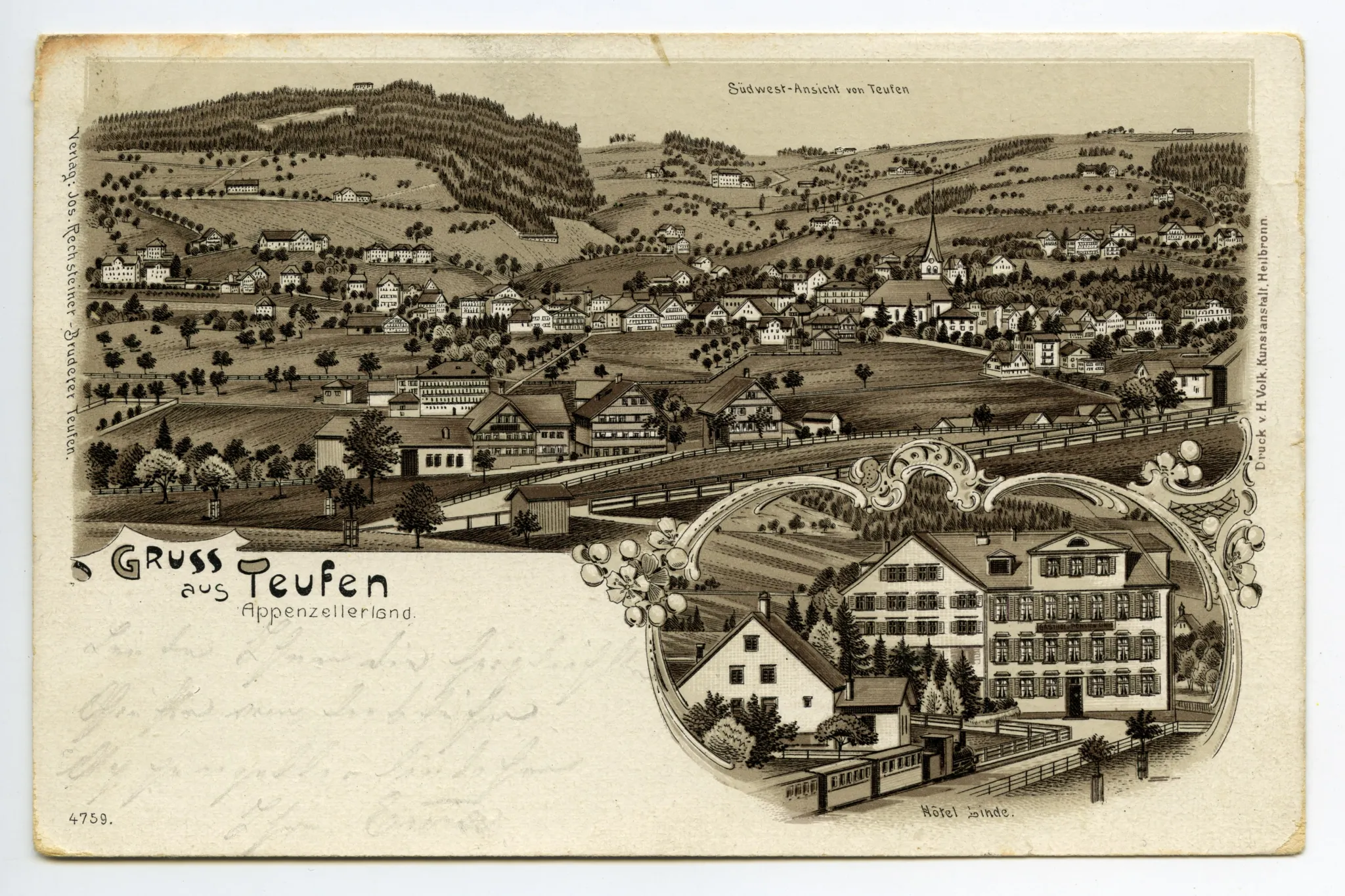 Grusskarte, Frontansicht Hotel Linde, Panoramablick aus Südwesten auf Teufen mit evang. Kirche (vgl. Hc.08-06, identisch)