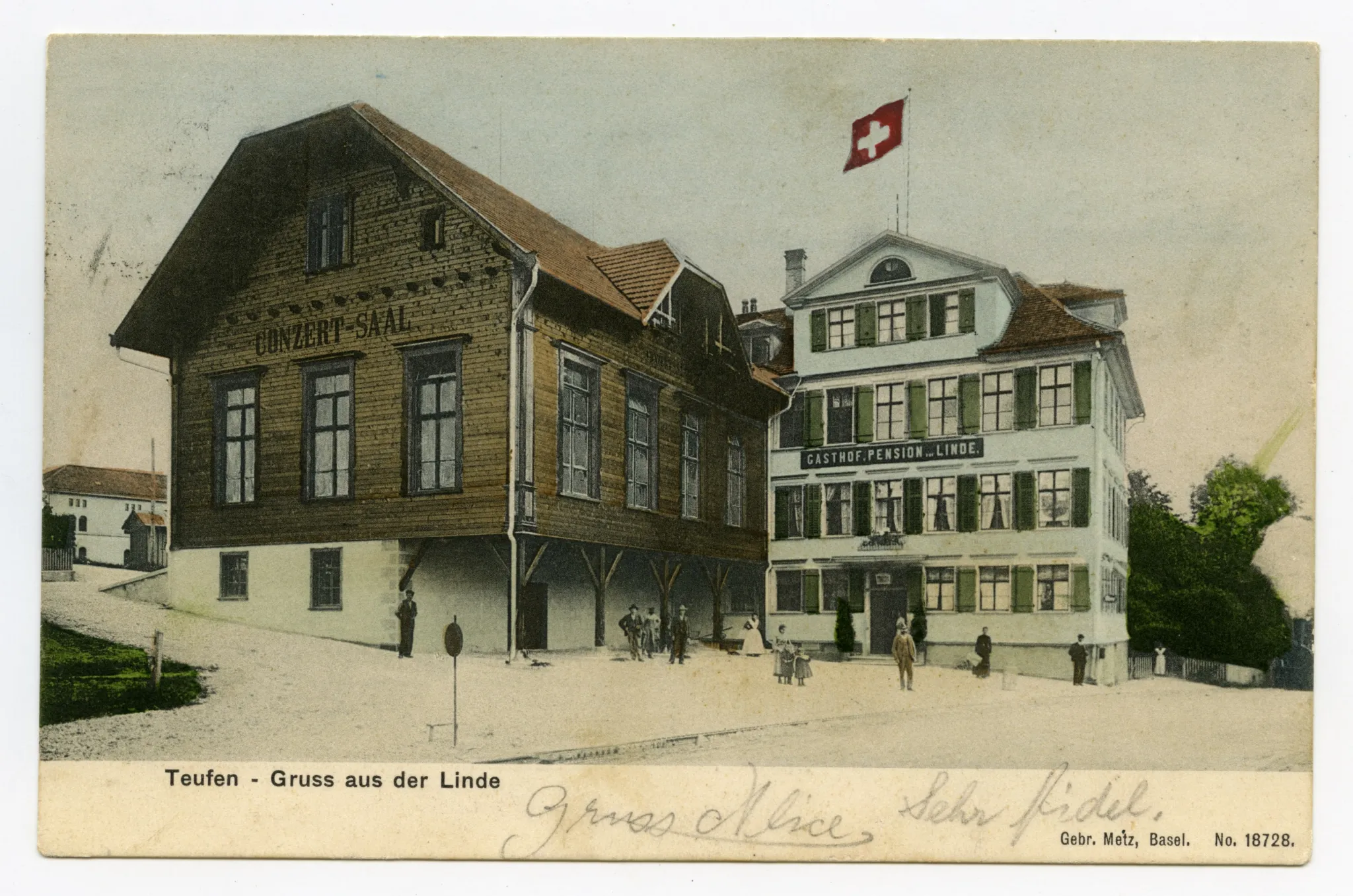 Frontansicht mit Konzertsaal und Personen davor (vgl. Hc.08-07)
