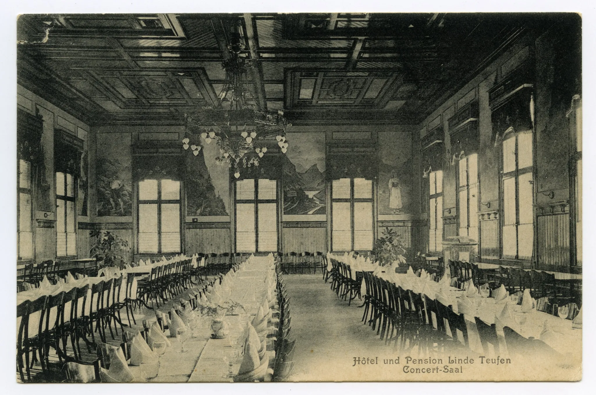 Innenansicht von Konzertsaal mit eingedeckten Tischen (vgl. Hc.08-08, Stempel 1906)