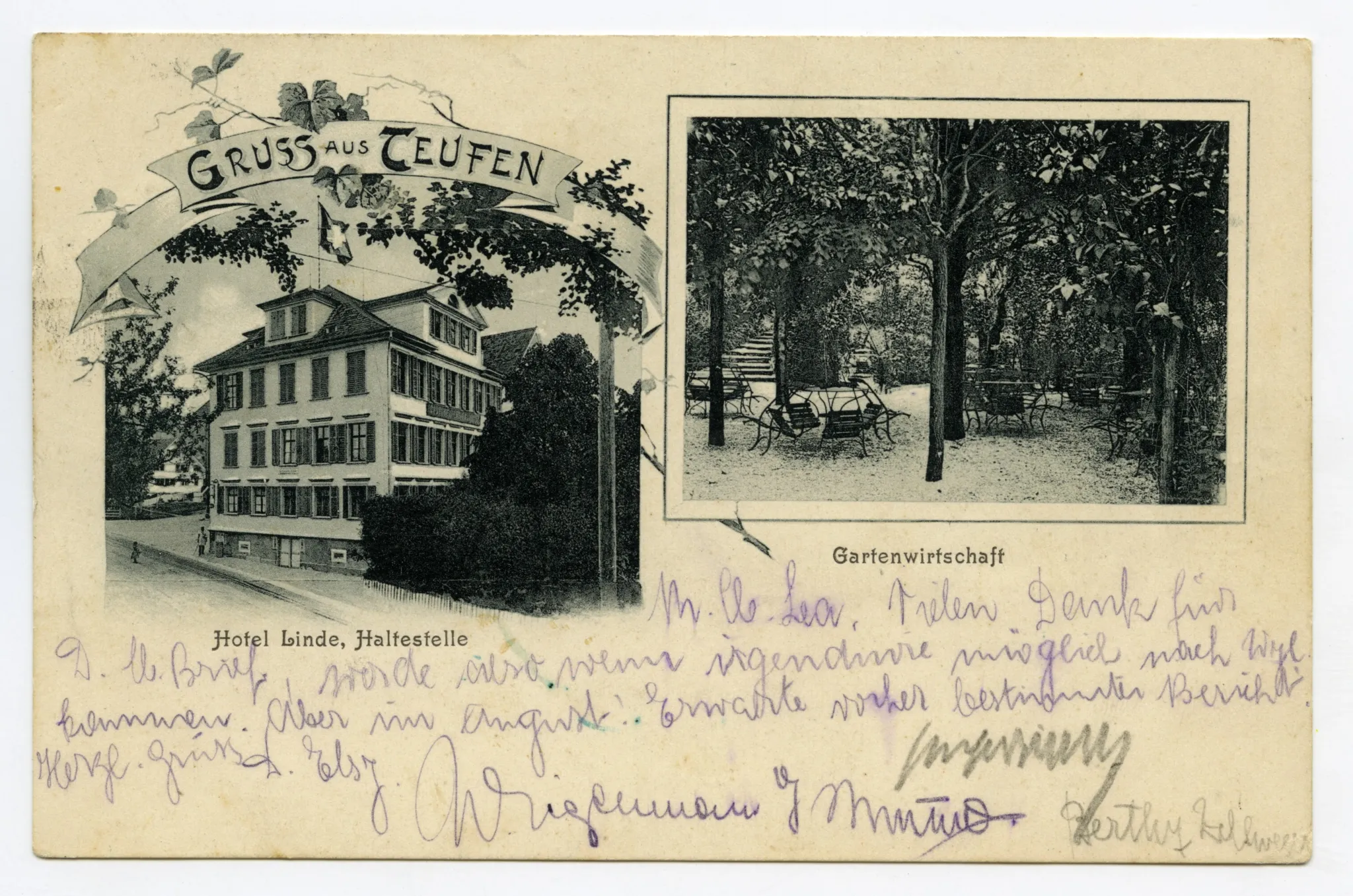 Grusskarte, seitliche Ansicht des Hotels aus Süden mit Bahngleis u. Personen davor, Ansicht Gartensitzplatz