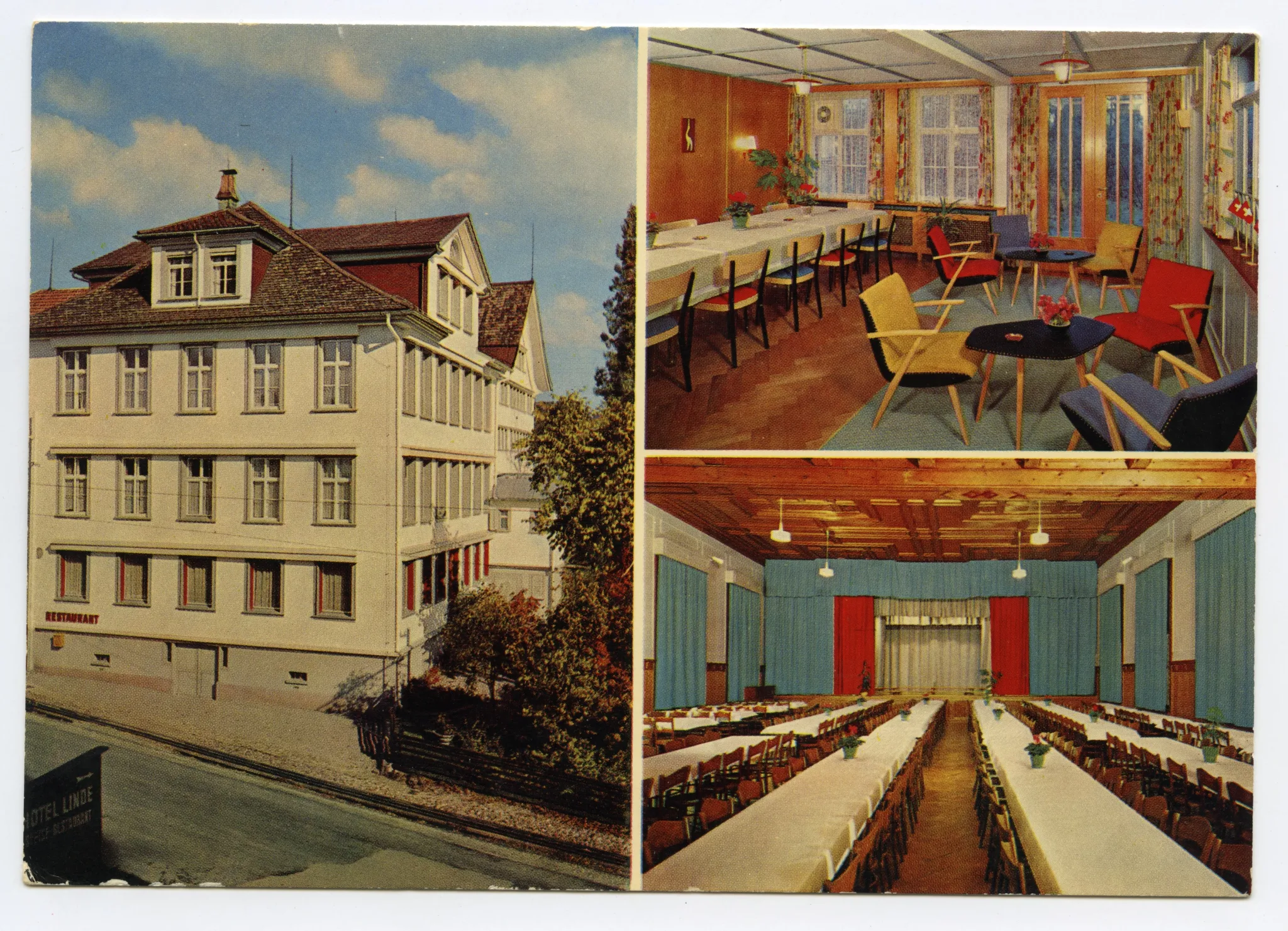 Mehrbildkarte, Aussenansicht von Westen, Innenansicht eines Raumes im Restaurant, Innenansicht Lindensaal, beide Karten identisch vom Motiv, nur seitenverkehrt
