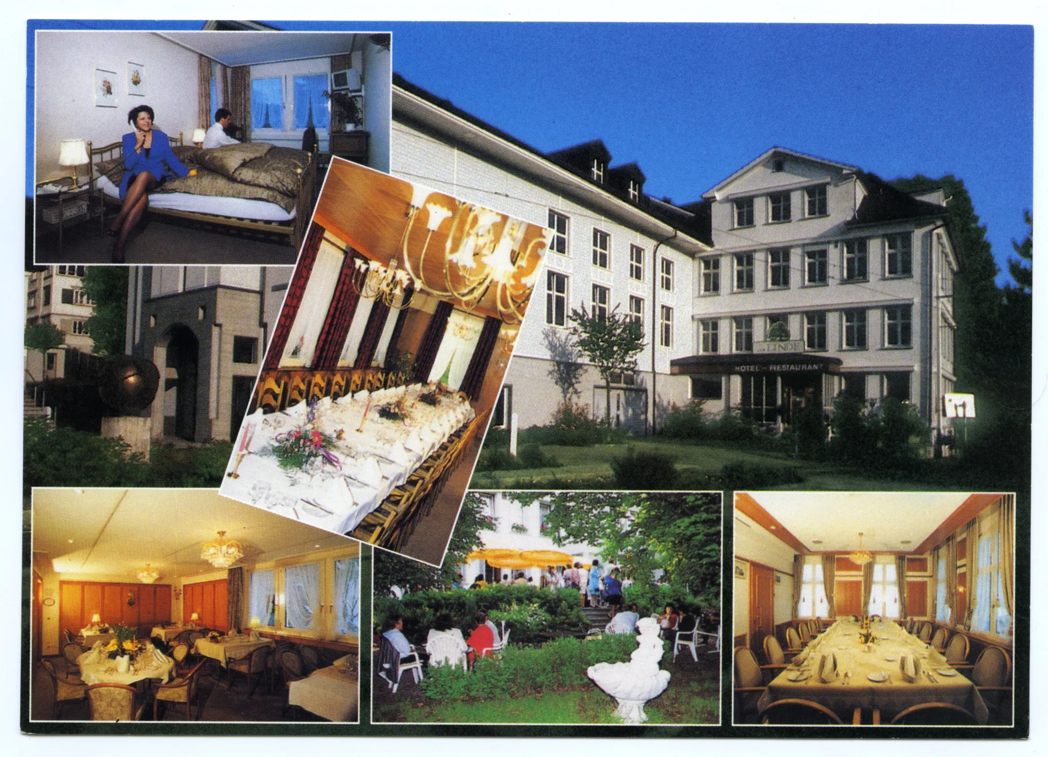 Mehrbildkarte, Aussenansicht mit Lindensaal, Ansicht Garten, Eingang Lindensaal aussen, Innenansicht Zimmer, drei Innenansichten unterschiedlicher Reatauranträume, beide Karten identisch