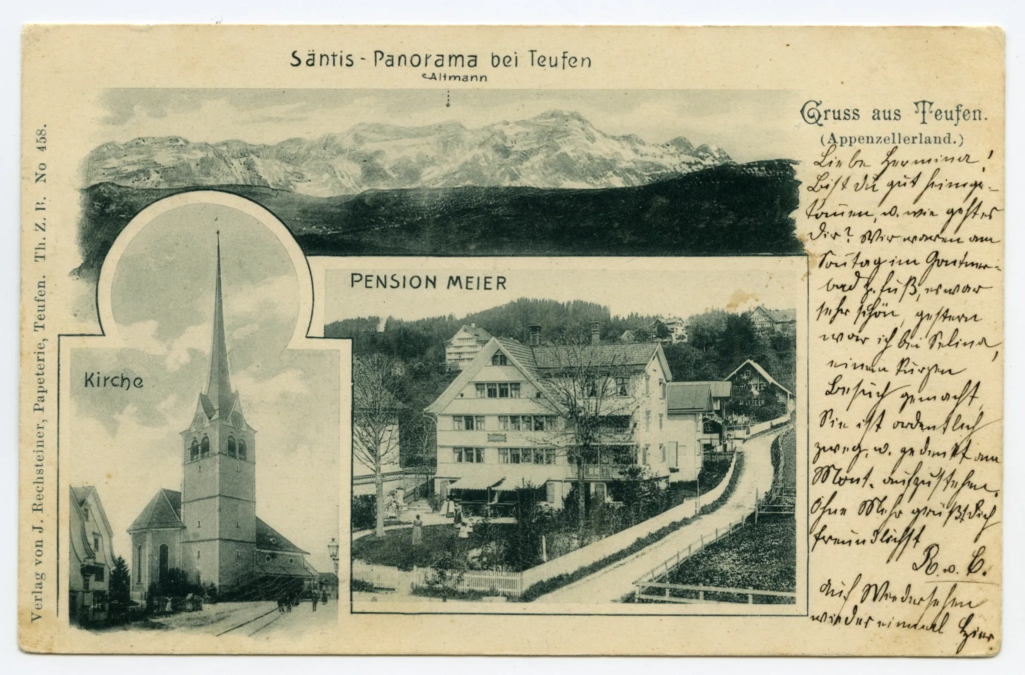Grusskarte, Ansicht der Pension mit Krankenhausstrasse, Ansicht der evang. Kirche, Alpsteinpanoramablick