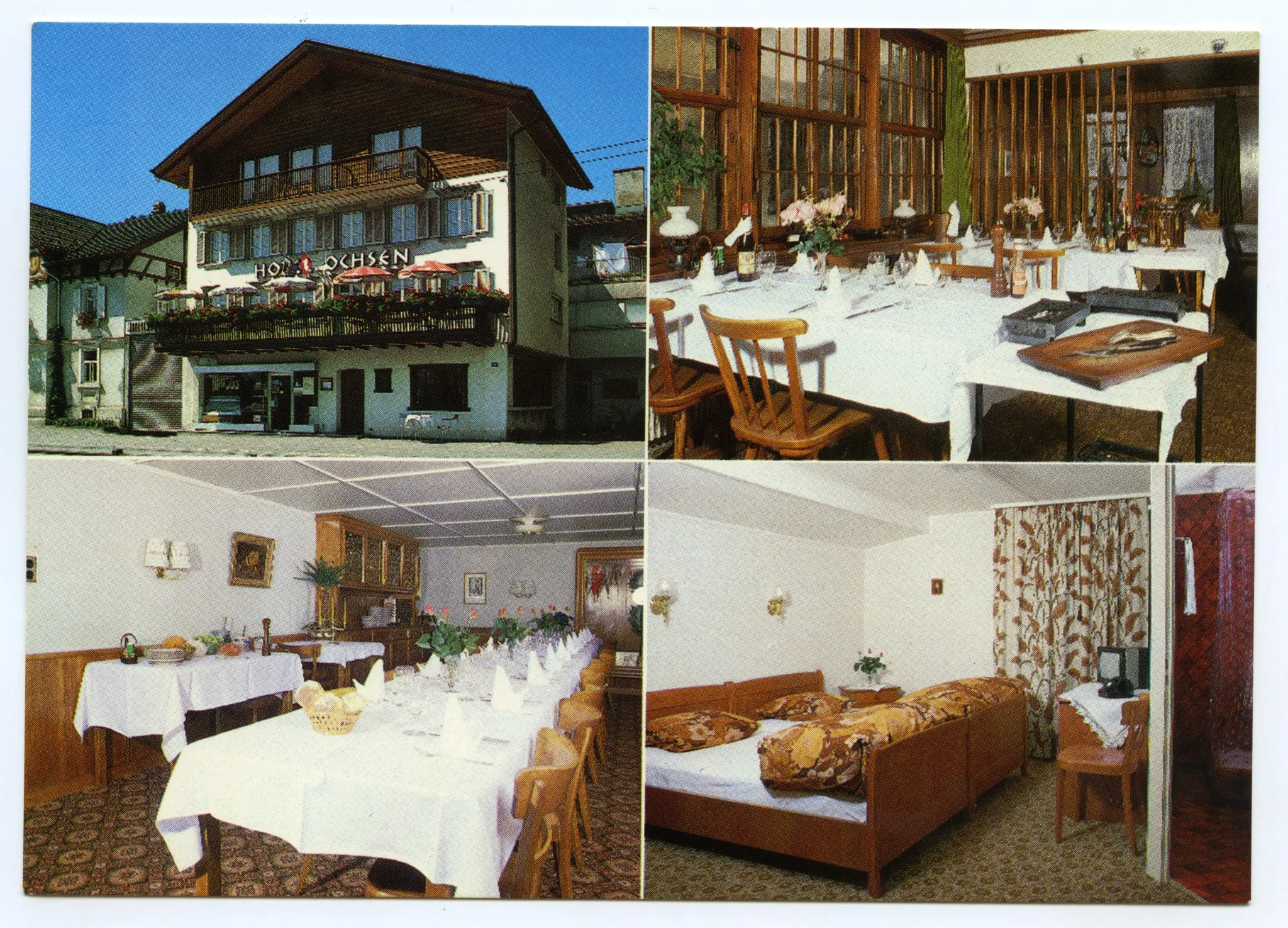 Mehrbildpostkarte, Aussenansicht, eingedeckte Gaststube, eingedeckter Speisesaal, Innenansicht Hotelzimmer