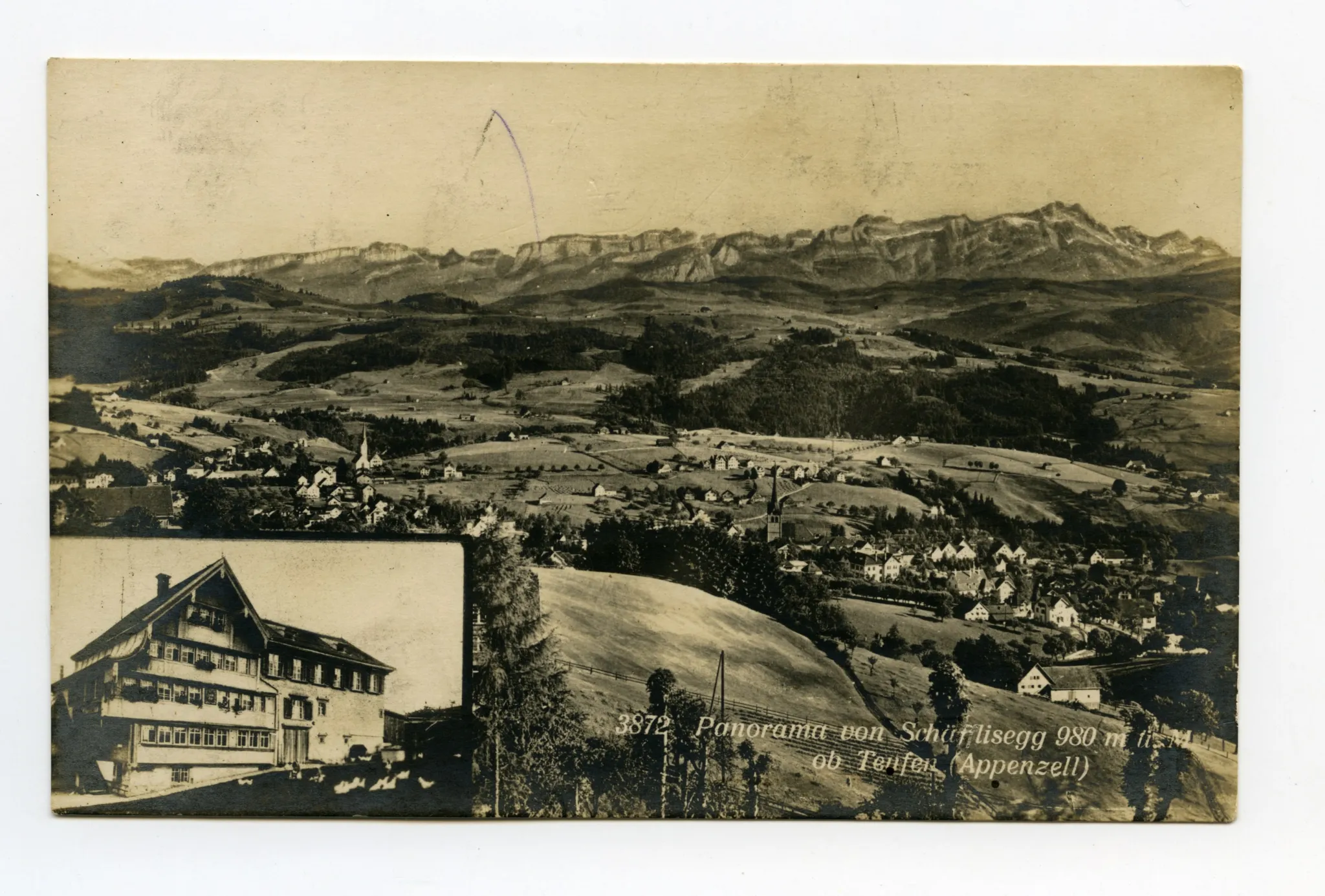 Doppelbildkarte, klein: Frontalansicht (vgl. Ho.20-214), gross: Blick vom Schäflisegg auf Teufen mit Säntis