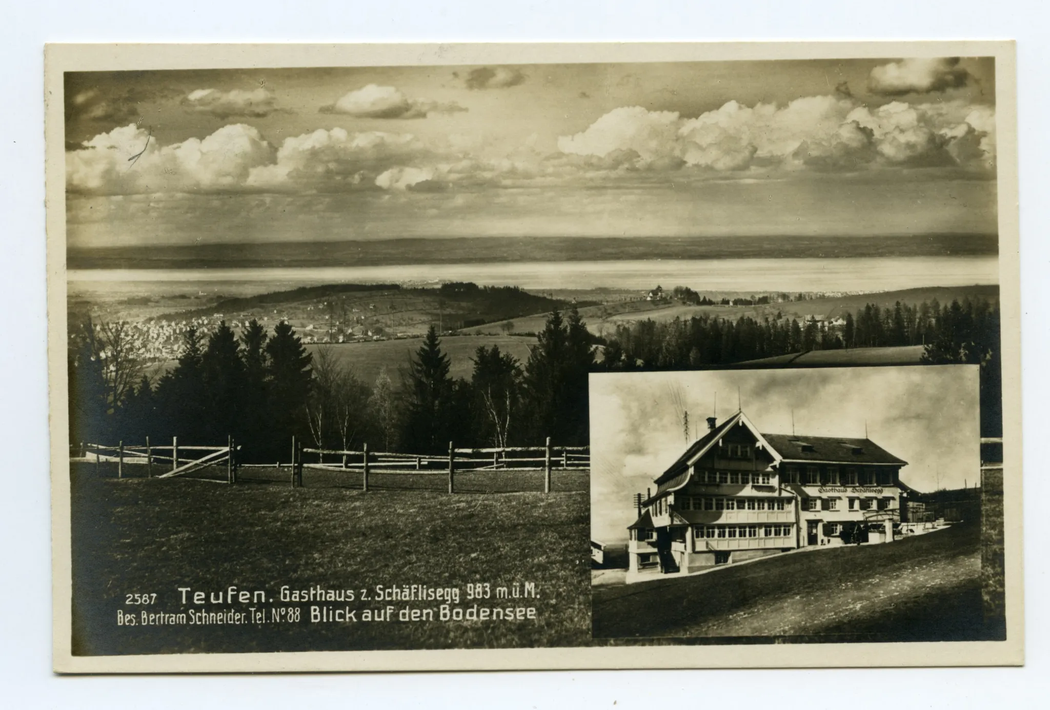 Doppelbildkarte, klein: Aussenansicht aus Süden (vgl. Ho.20-2017), gross: Panoramablick auf Bodensee