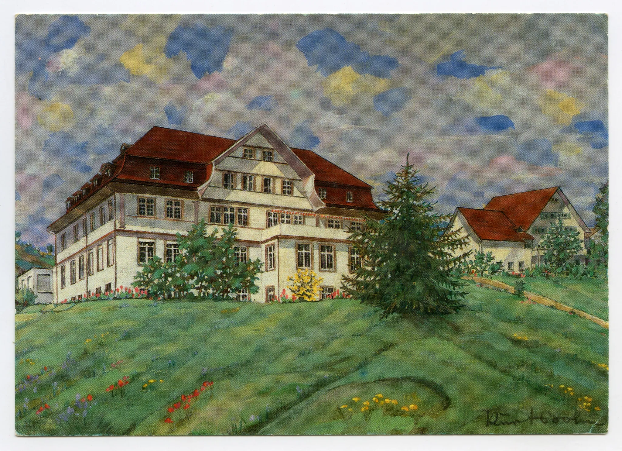 Ansicht von der Gremmstrasse aus, Nebengebäude „Paradies“ sichtbar, Karte gedruckt nach Aquarellvorlage