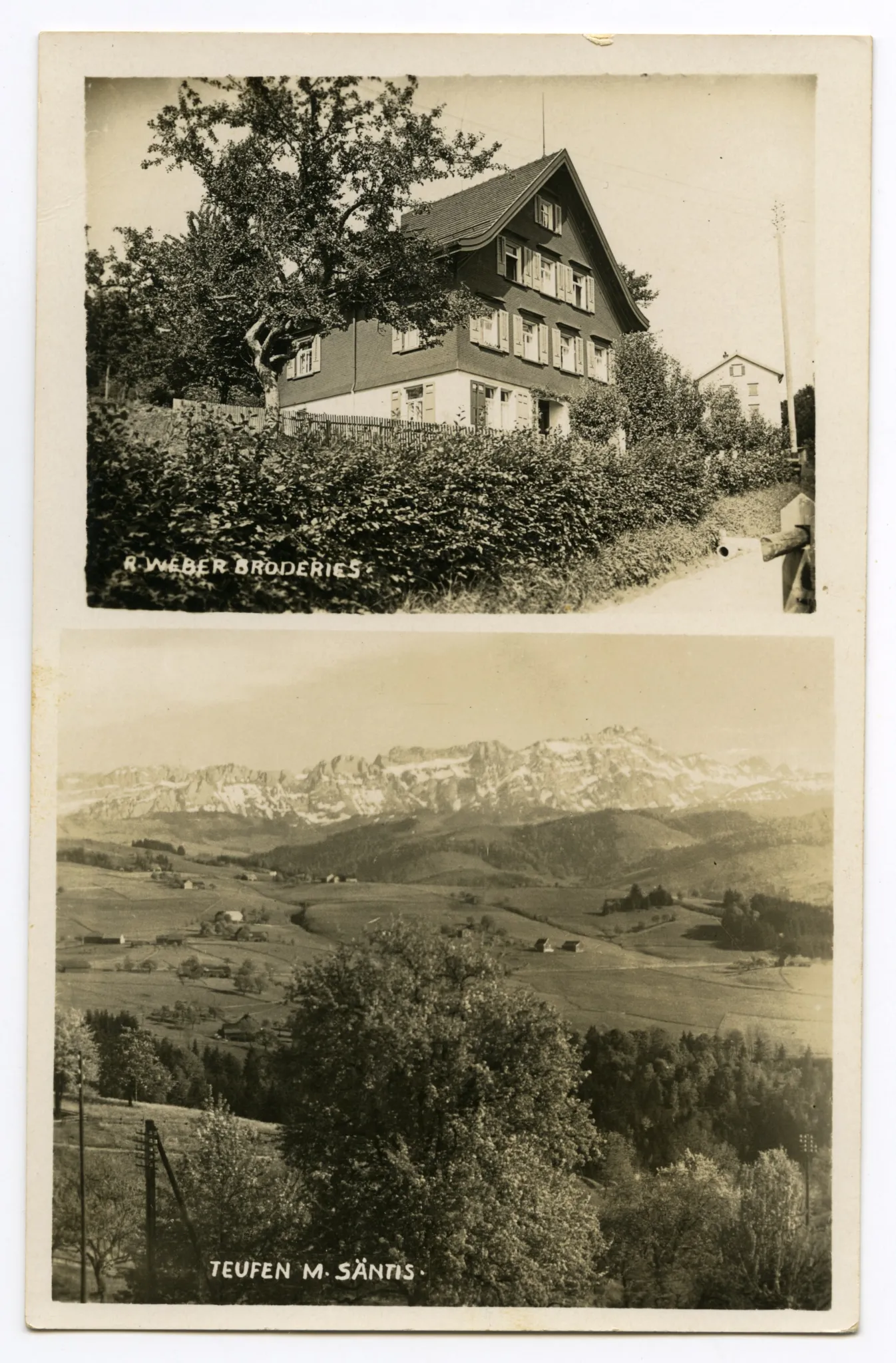 Doppelbildkarte oben: Aussenansicht des Broederiegebäudes, unten: Panoramablick auf Alpstein