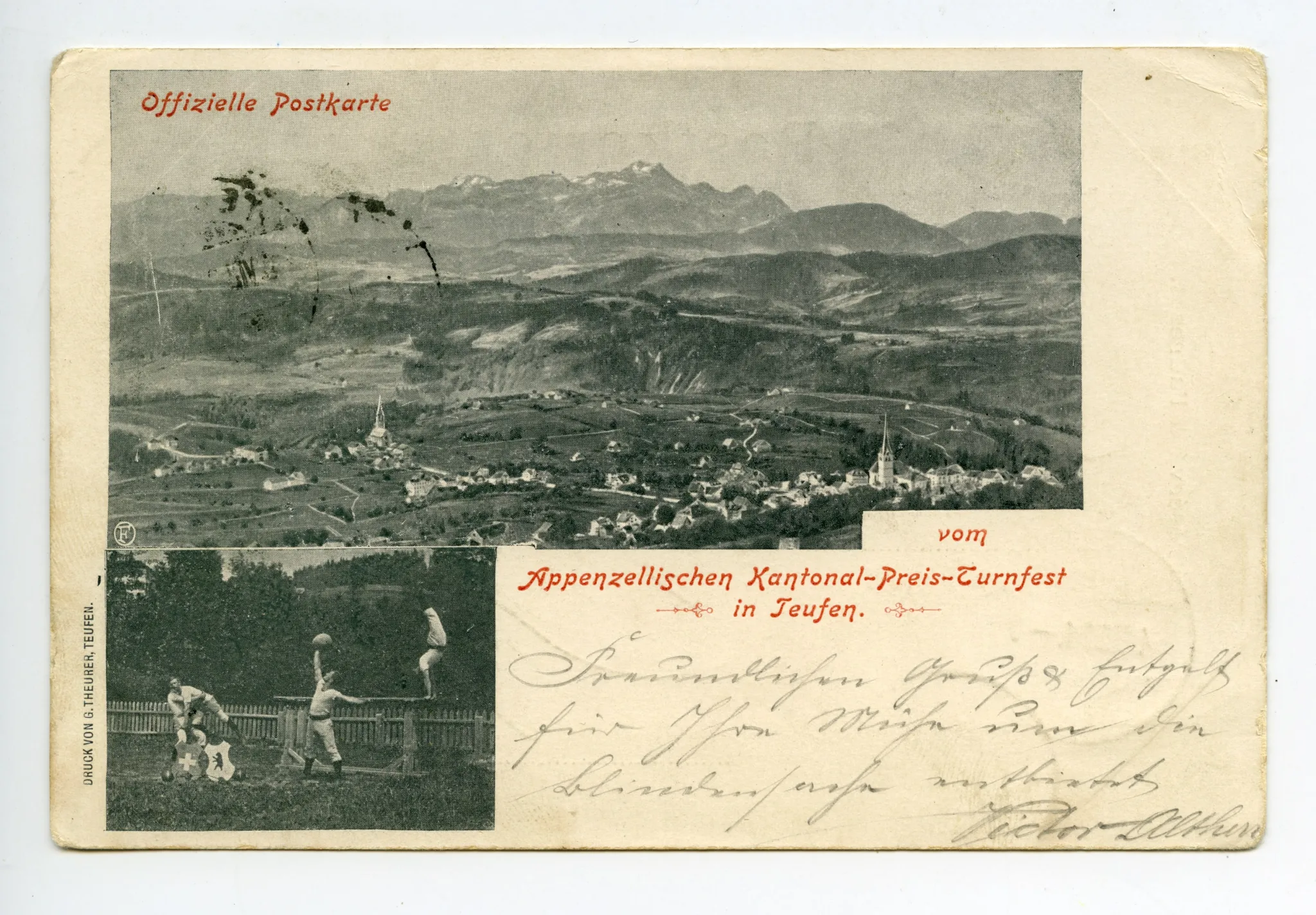 Doppelbildkarte: Panoramasicht auf den Alpstein, im Vordergrund Teufen mit alter kath. Kirche und evang. Kirche, vier Turner mit Ball, am Barren und am Ringen (vgl. Hc.02-01, Karte identisch)