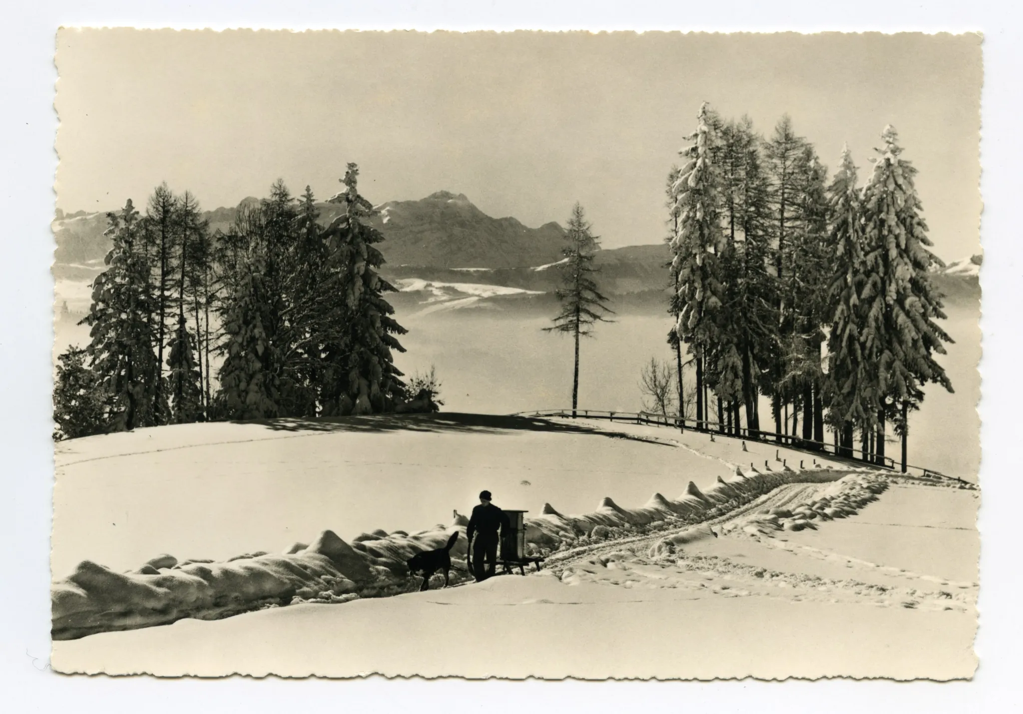 auf planiertem Weg, im Hintergrund: Blick auf Alpstein