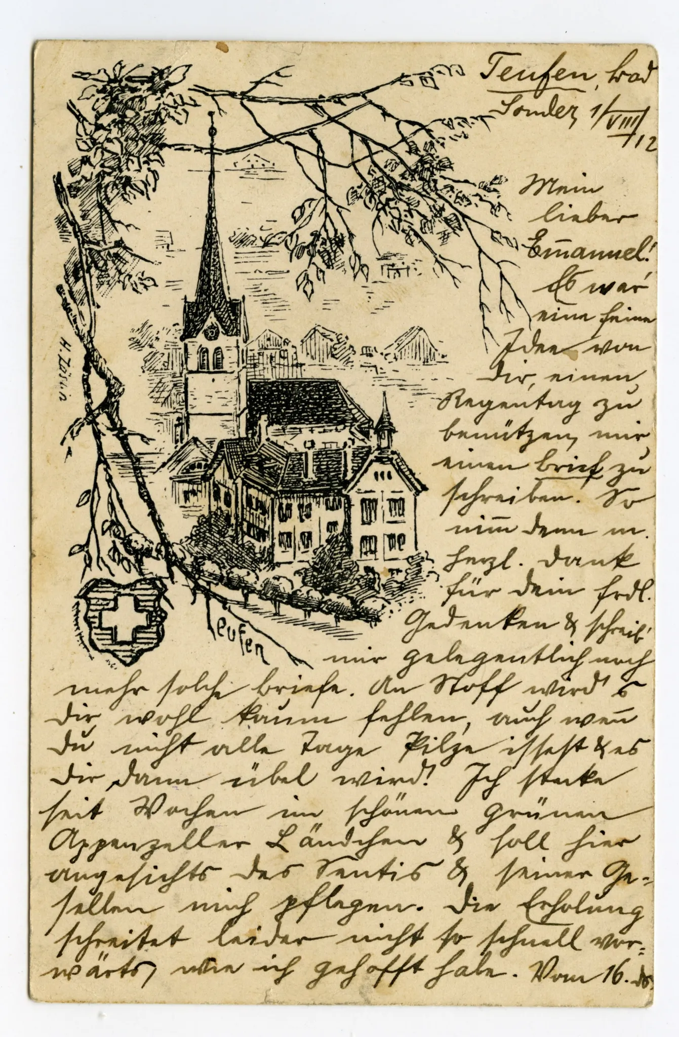 Druck nach gezeichneter Vorlage der evang. Kirche in Schmuckrahmen