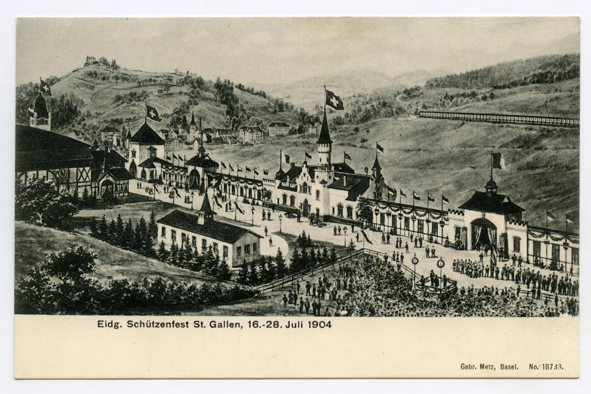 Ansicht des Festplatzes mit Besuchern, mit Schiessstand Weiherweid und Schiesständen, im Hintergrund St. Georgen mit Freudenberg