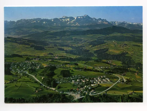 Lustmühle und Niederteufen mit Umfahrungsstrasse, Blick via Stein, Kronberg zum Säntis (vgl. Hc.14-19)