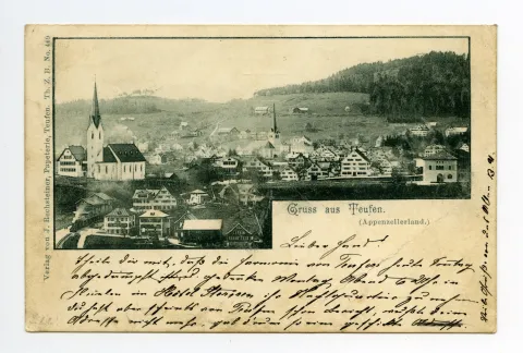 im Vordergrund Sammelbüel mit alter Kath. Kirche; Zeughaus, Grubenmannkirche, Blick zu Fernblick / Frölichsegg (vgl. Hc.16-01)