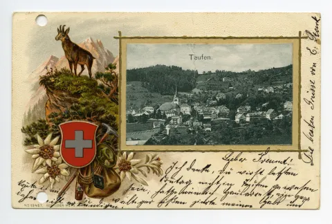 Blick zu Frölichsegg, Bad Sonder, Schäflisegg;  umrahmt mit Gemse, Wappen CH, Bergszene und Wanderutensilien