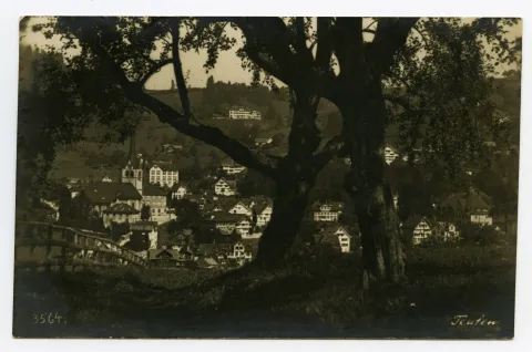 mit Grubenmannkirche und Bad Sonder, durch (Obst-?)Bäume fotografiert