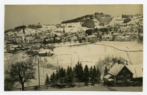 von Schlatterlehn/Bruggtobel?). Vorne Sammelbüel, alte Kath. Kirche, mit Zeughaus, Bahnhof, Krankenhaus, Dorfzentrum, Fernblick, Bad Sonder. Blick zu Schwendibüel, Frölichsegg