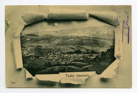 (Grafik: Foto quasi hinter „aufgerissenem“ Passe-partout“), mit beiden Dorfkirchen (Säntis manipuliert)